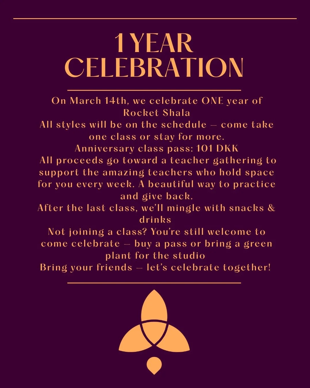ROCKET SHALA &ndash; 1 YEAR ANNIVERSARY
On March 14th, we celebrate ONE year of Rocket Shala 💛
All styles will be on the schedule &mdash; come take one class or stay for more.
🎟 Anniversary class pass: 101 DKK
All proceeds go toward a teacher gathe
