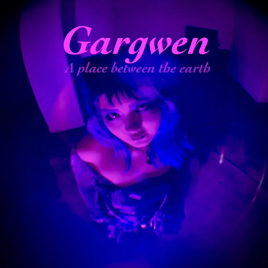 Poster for 'Gargwen: A place between the earth' featuring a woman with blue hair illuminated by pink and purple lighting, looking up at the camera.