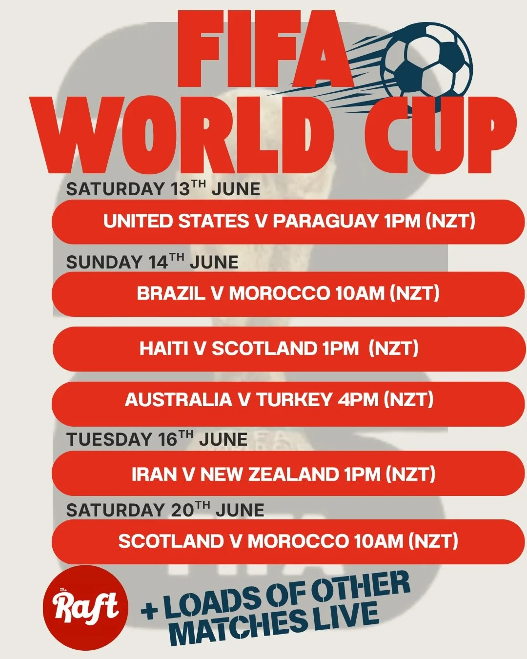 ⚽️The FIFA World Cup is here! 
Live &amp; loud. Right here at The Raft 
Round up your mates, grab a beer tower, load up on tacos and catch every moment on the big screens. 
This is game day done right ⚽️🍺