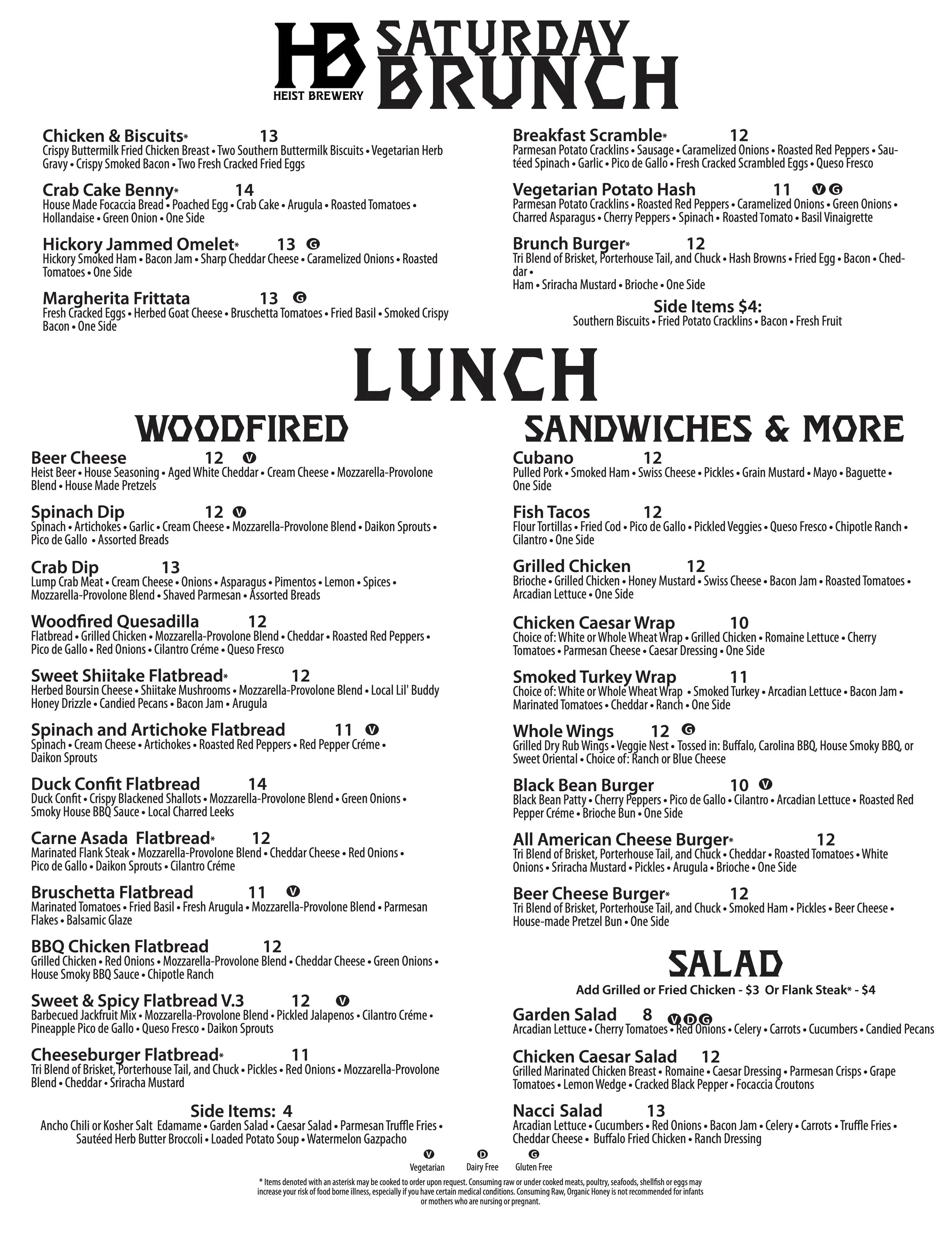 Saturday Brunch Menu