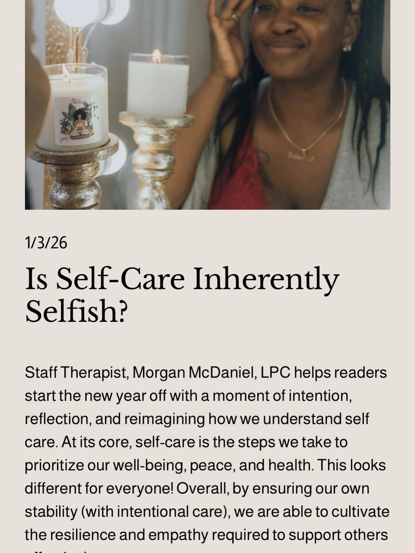 Is self care inherently selfish? Staff therapist, Morgan McDaniel LPC helps deepen our understanding of #selfcare and how to ensure we are starting the New Year off with intention and reflection. Read more on the blog! #chicagotherapist #therapy