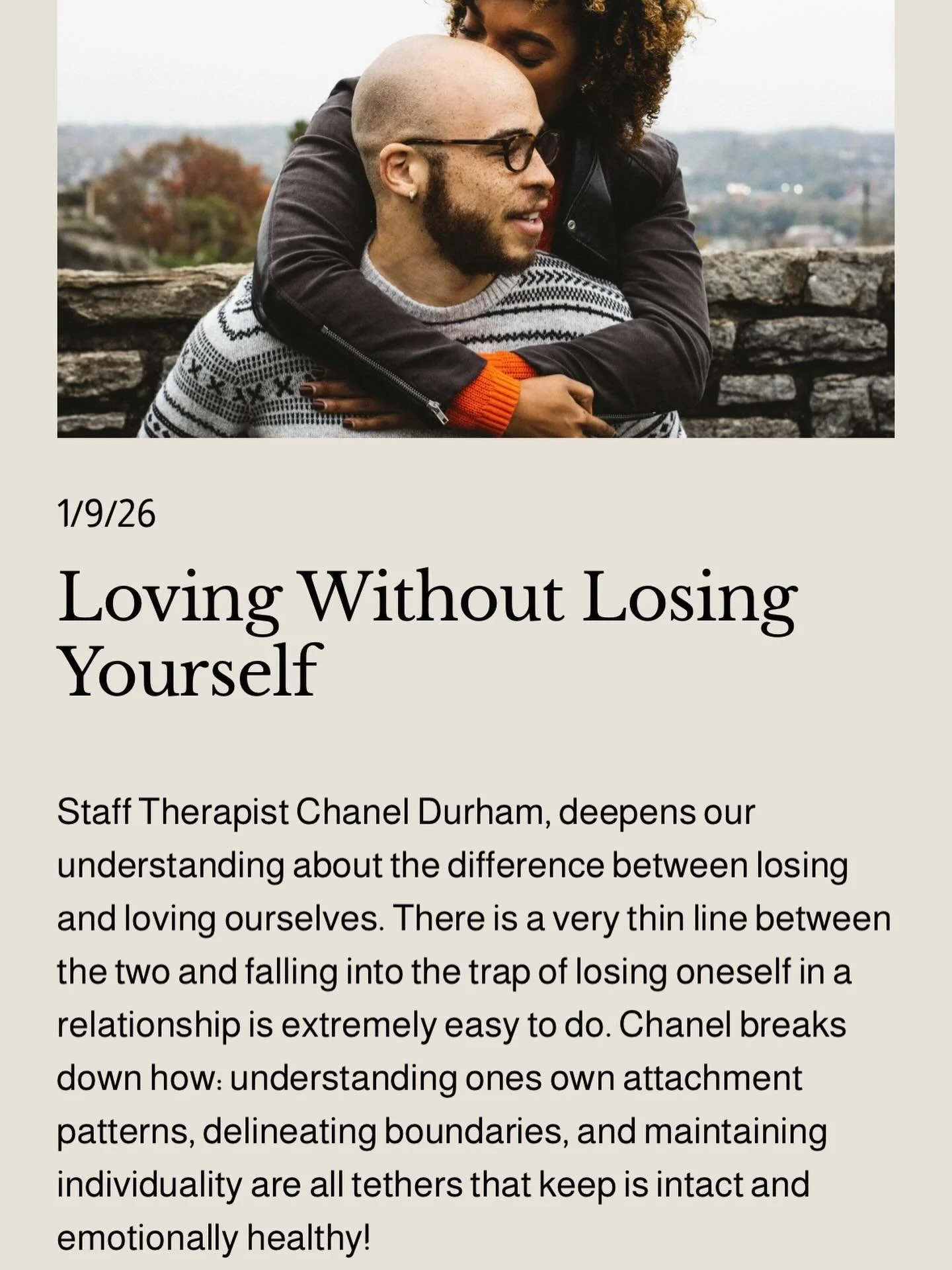 Staff therapist, Chanel Durham (@insessionwithchanel ) writes this weeks blog on discerning the difference between LOVING without LOSING yourself in intimate relationships and partnerships. The classic codependent dance of: &ldquo;if you&rsquo;re ok 