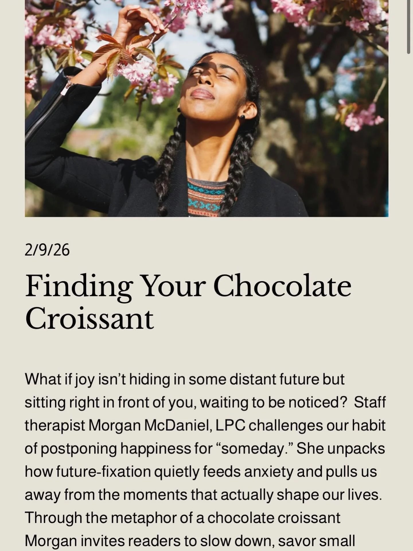 ✨NEW BLOG!✨ Staff Therapist Morgan McDaniel helps us explore finding our &lsquo;chocolate crossaint&rsquo; or glimmers of joy in the everyday moments. Read more on the blog! 🥐🤍 #glimmers