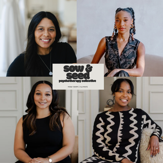 a group of black women therapists smiling in a couch. they are a team of therapists serving new york city and chicago helping clients strengthen their relationships