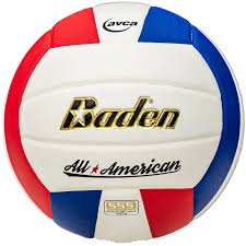 A volleyball with red, white, and blue panels, featuring the brand names Baden and All-American.