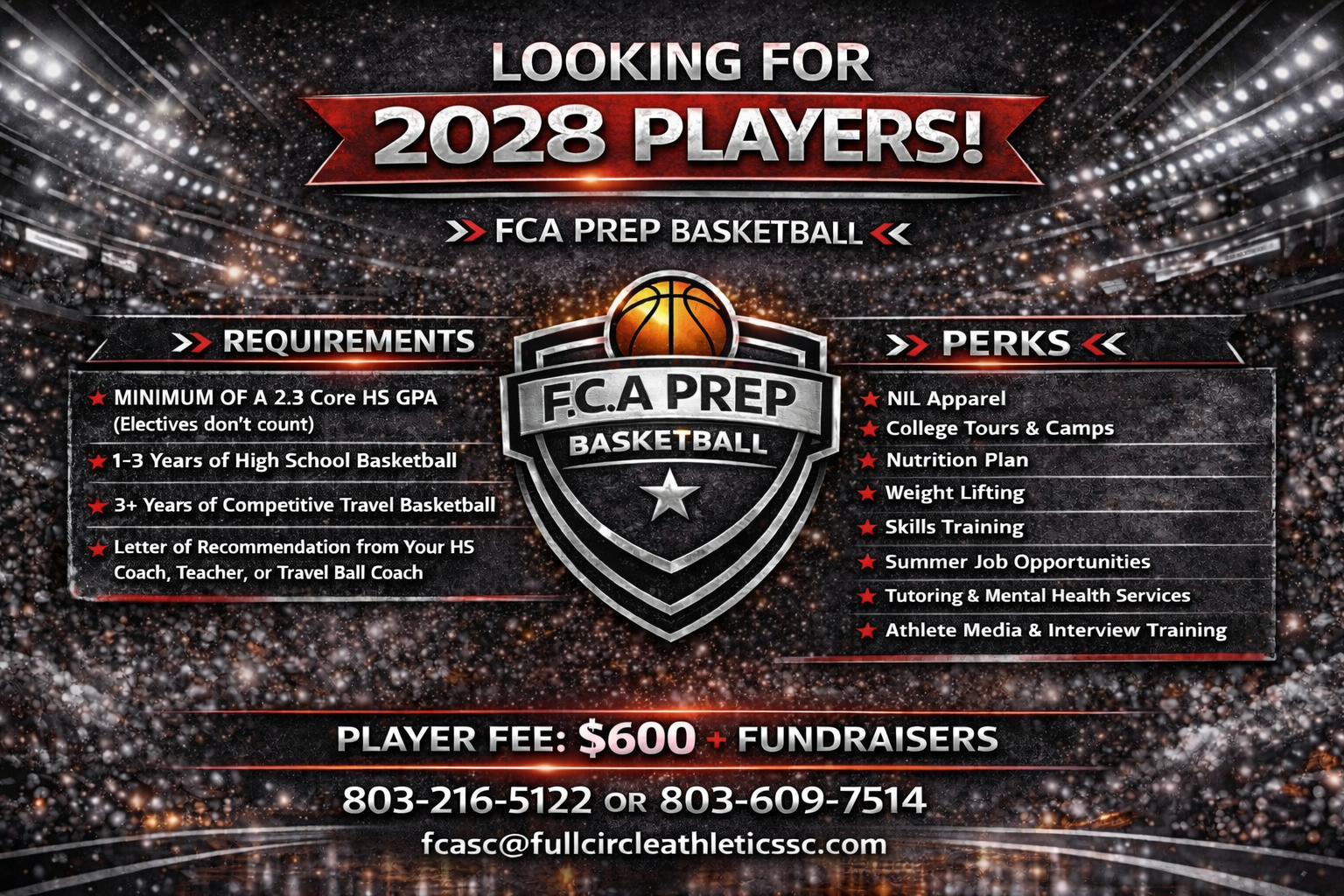 Posters for FCA Prepped Basketball, looking for 2028 players. The poster lists requirements, perks, and contact information, with a background of a packed stadium with bright lights and a starry, glittering atmosphere.