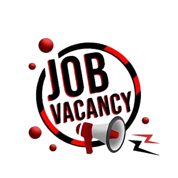 Graphic with the words 'Job Vacancy' in red and black, a megaphone, and red circular design elements.