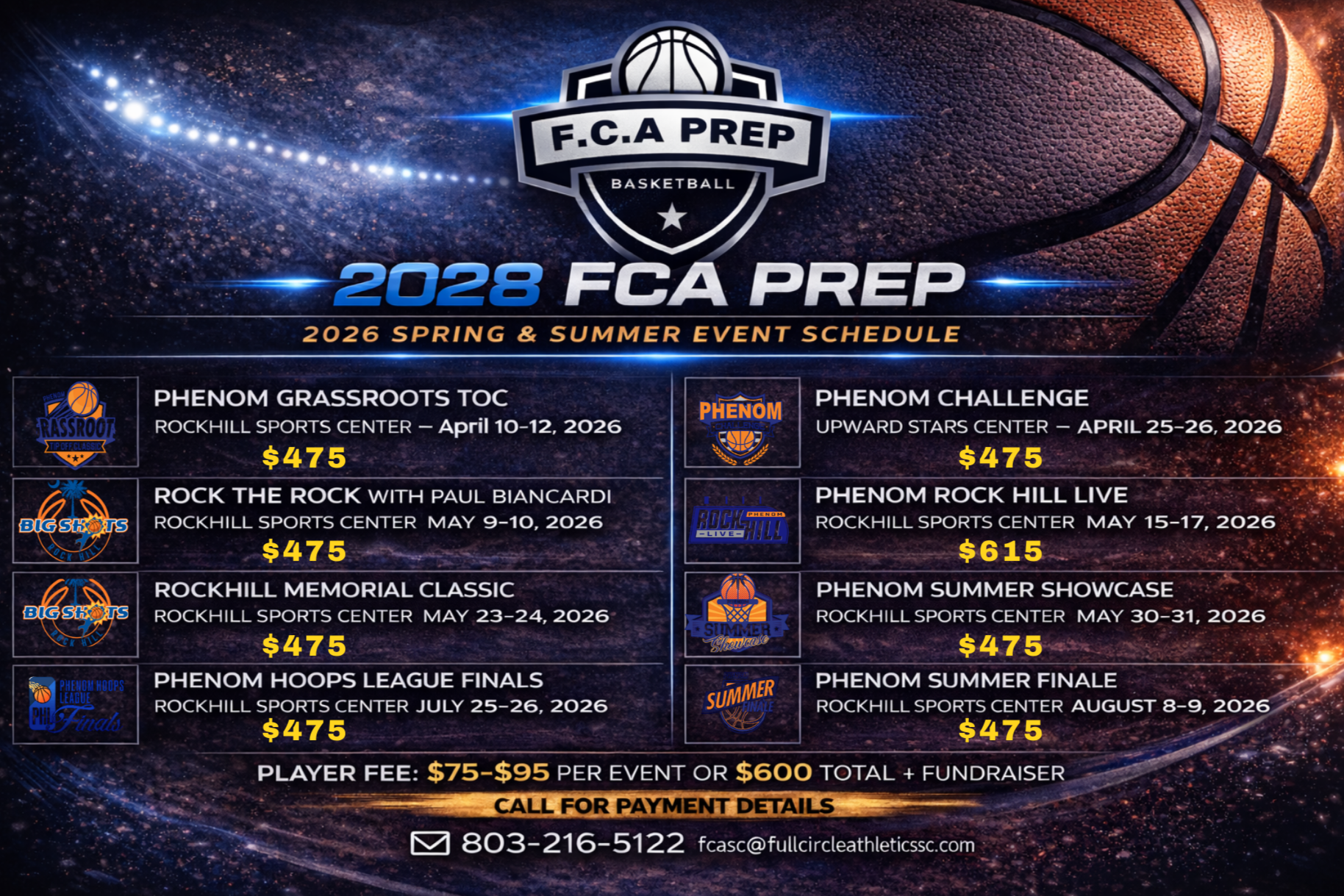 Basketball schedule poster with event details for F.C.A Prep 2028, listing spring and summer 2026 events, dates, locations, and prices, on a space-themed background.