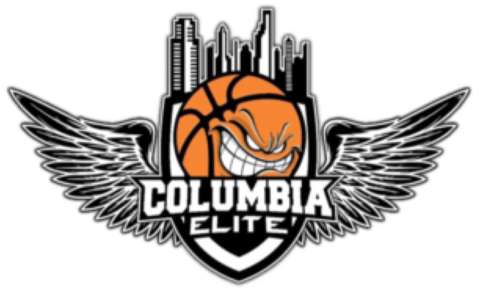 Logo featuring a mischievous cartoon basketball with wings, a city skyline in the background, and the text 'Columbia Elite'.