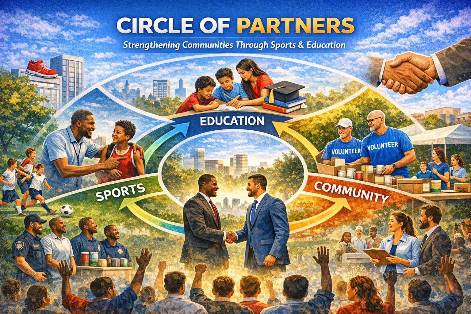 A colorful mural depicting a community centered around education, sports, and community volunteer work, with scenes of people working, playing sports, volunteering, and shaking hands, symbolizing partnerships and community strength.