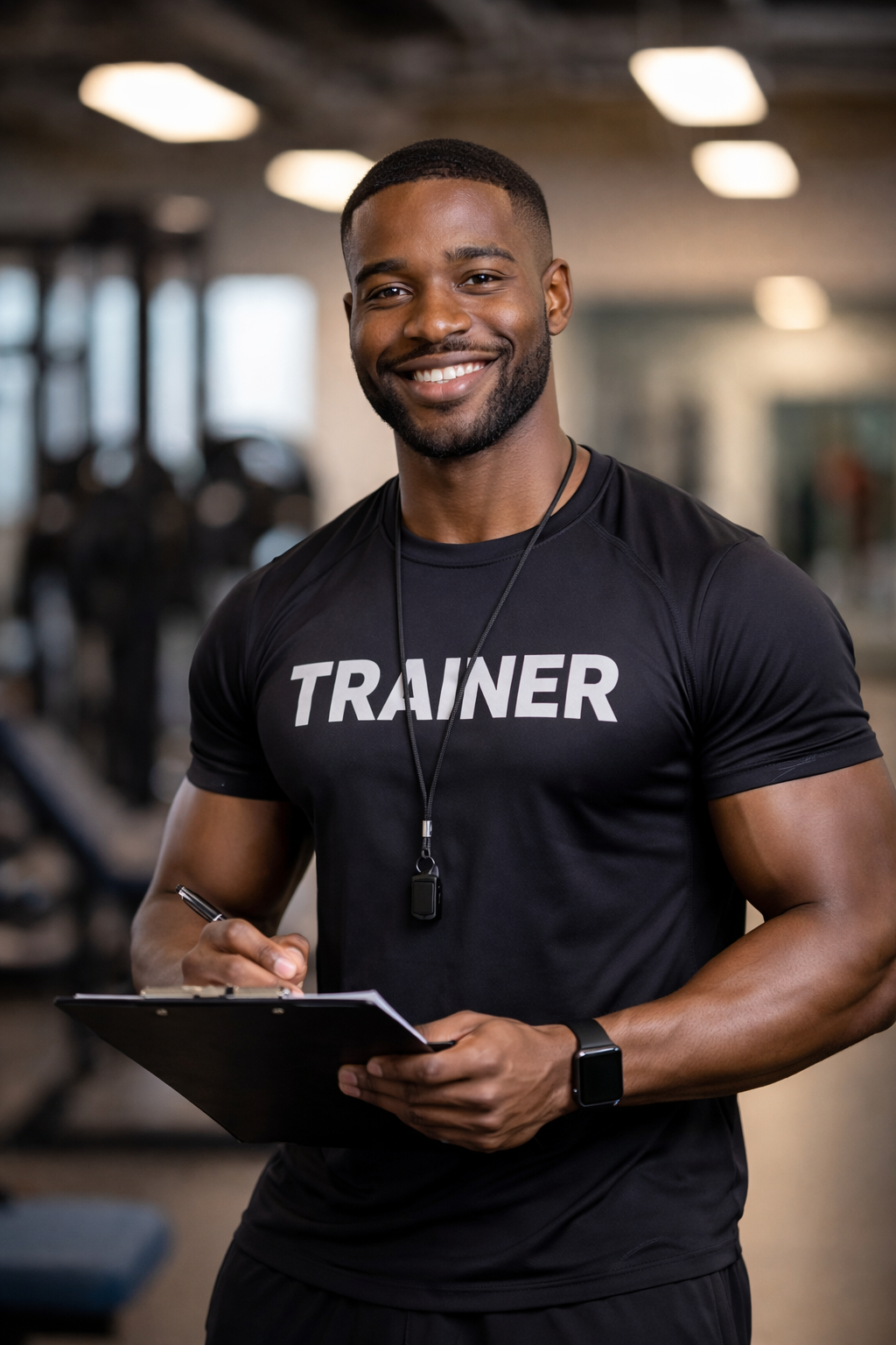 Smiling male personal trainer in a gym, wearing a black T-shirt with 'TRAINER' printed on it, holding a clipboard and pen, with workout equipment in the background.
