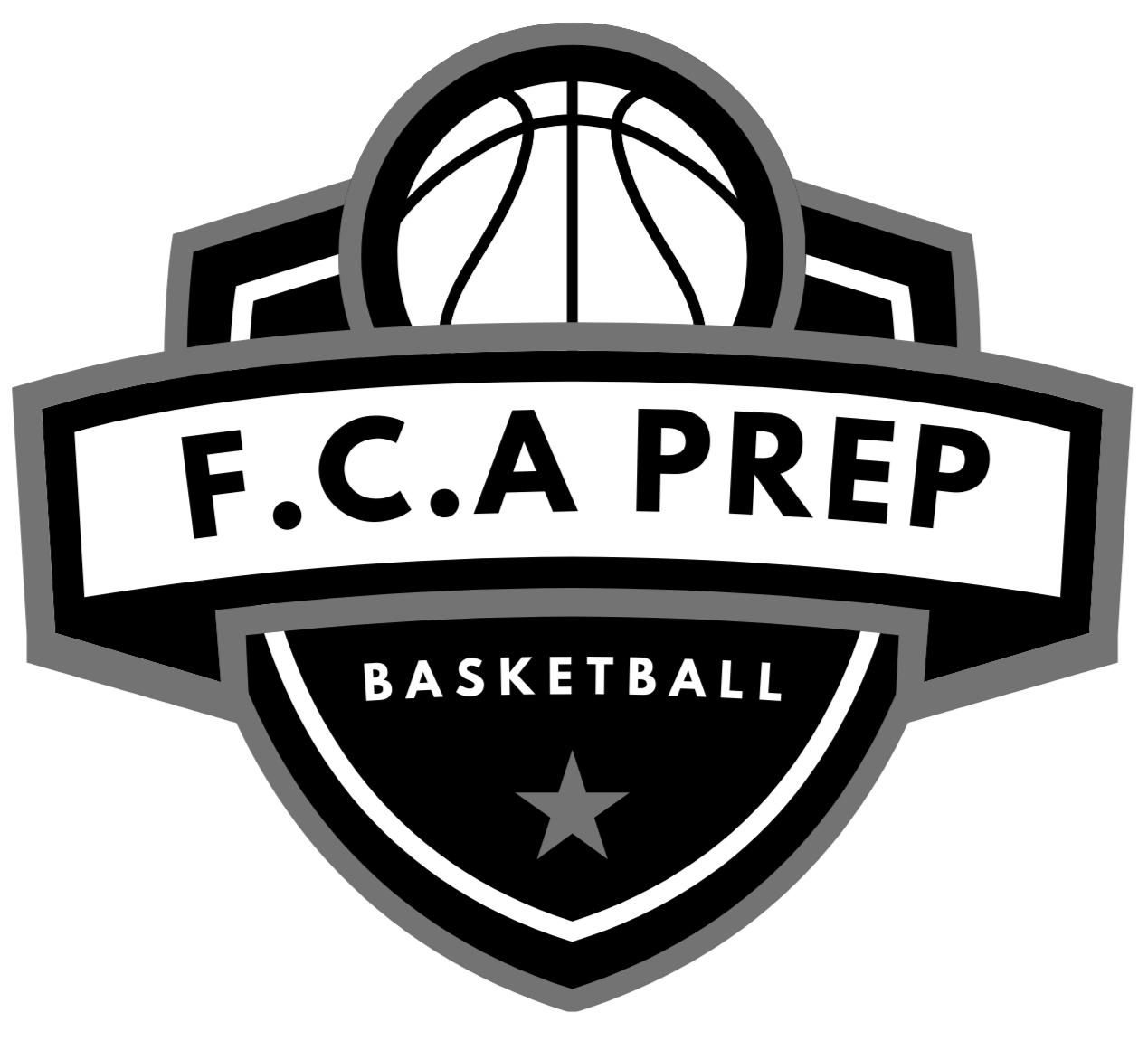 Black and white basketball team logo with a basketball at the top, the text 'F.C.A PREP' on a banner, and the word 'BASKETBALL' with a star below.