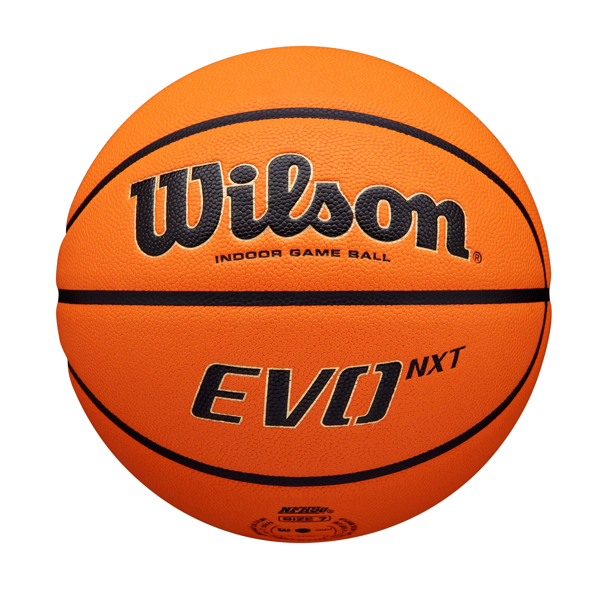Orange Wilson EV01 NXT indoor basketball with black lettering