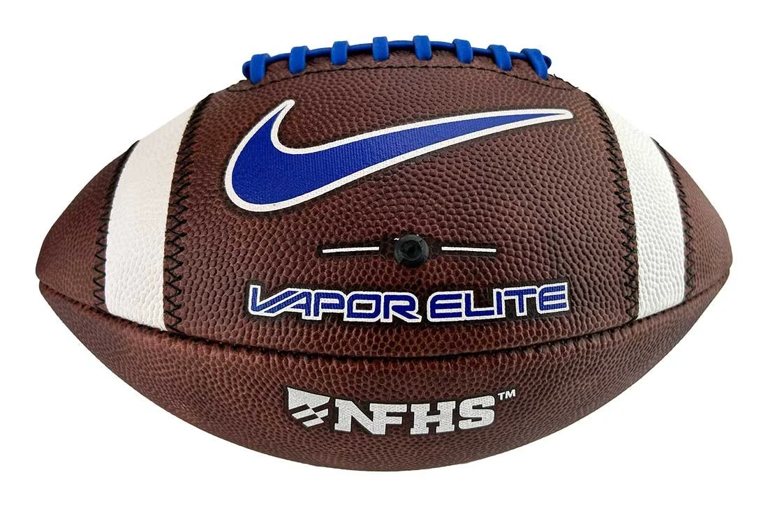 Football with Nike and NFS Vapor Elite logos, blue laces, and team branding.