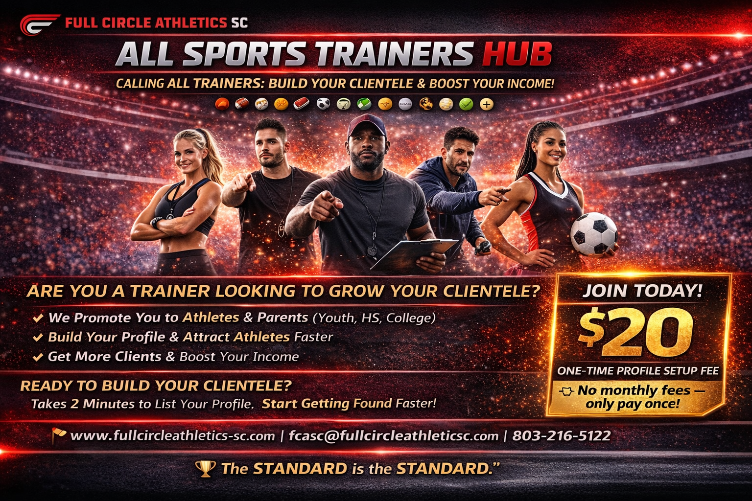 Advertisement for Full Circle Athletics SC's All Sports Trainers Hub with images of diverse sports trainers on a stadium background, promoting trainer registration, featuring a $20 one-time profile setup fee, and contact details.