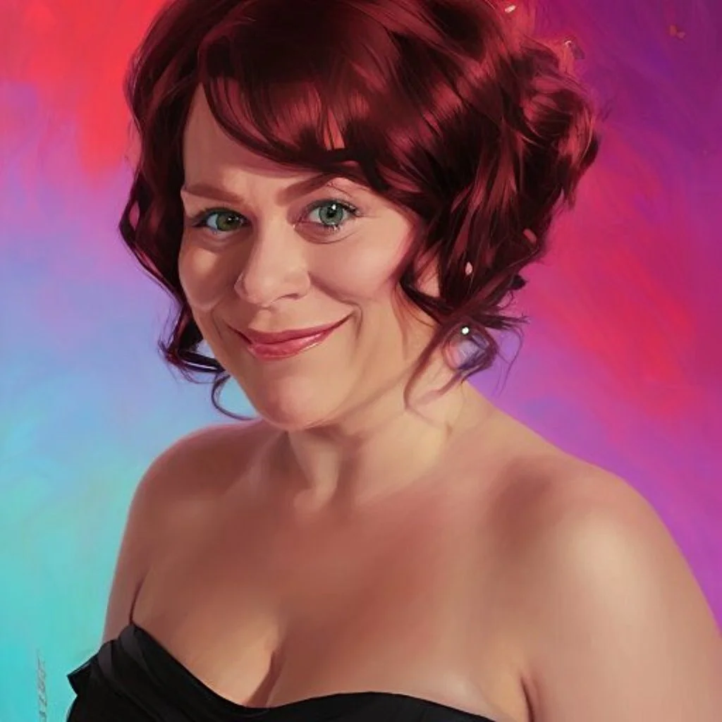 Digital portrait of a smiling woman with short, curly auburn hair wearing a strapless black dress against a colorful background.