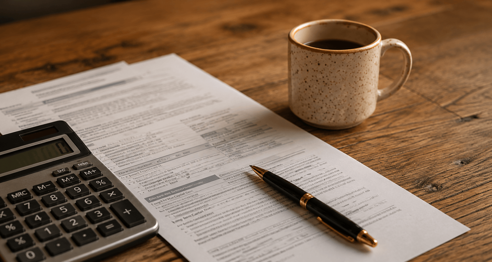 A workspace with a calculator, a pen on a financial document, and a coffee mug on a wooden table.