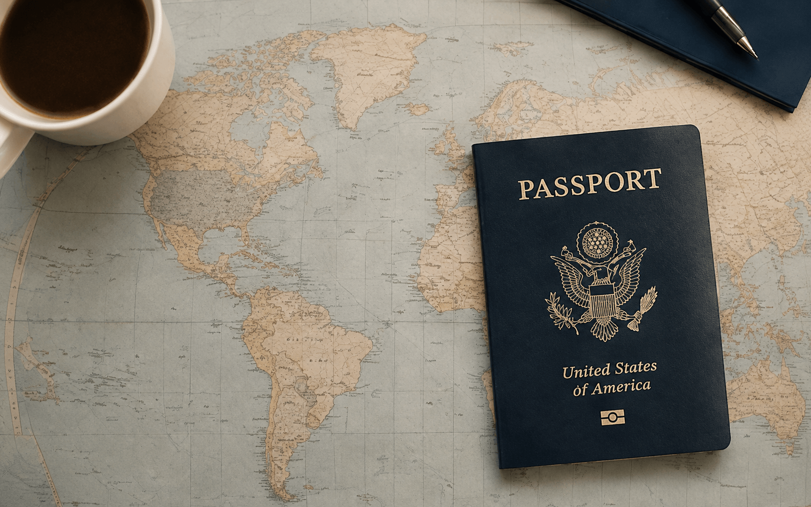 U. S. passport on a world map with a coffee cup, a notebook, and a pen.