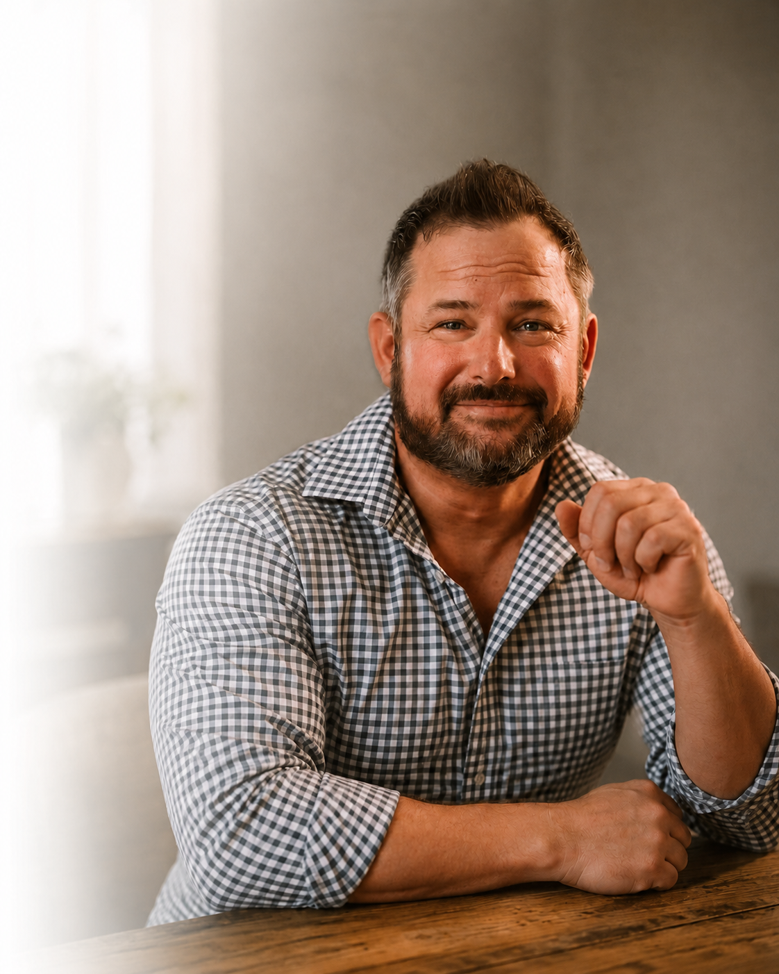 Smiling man with beard in checkered shirt sitting at a table in a bright room.