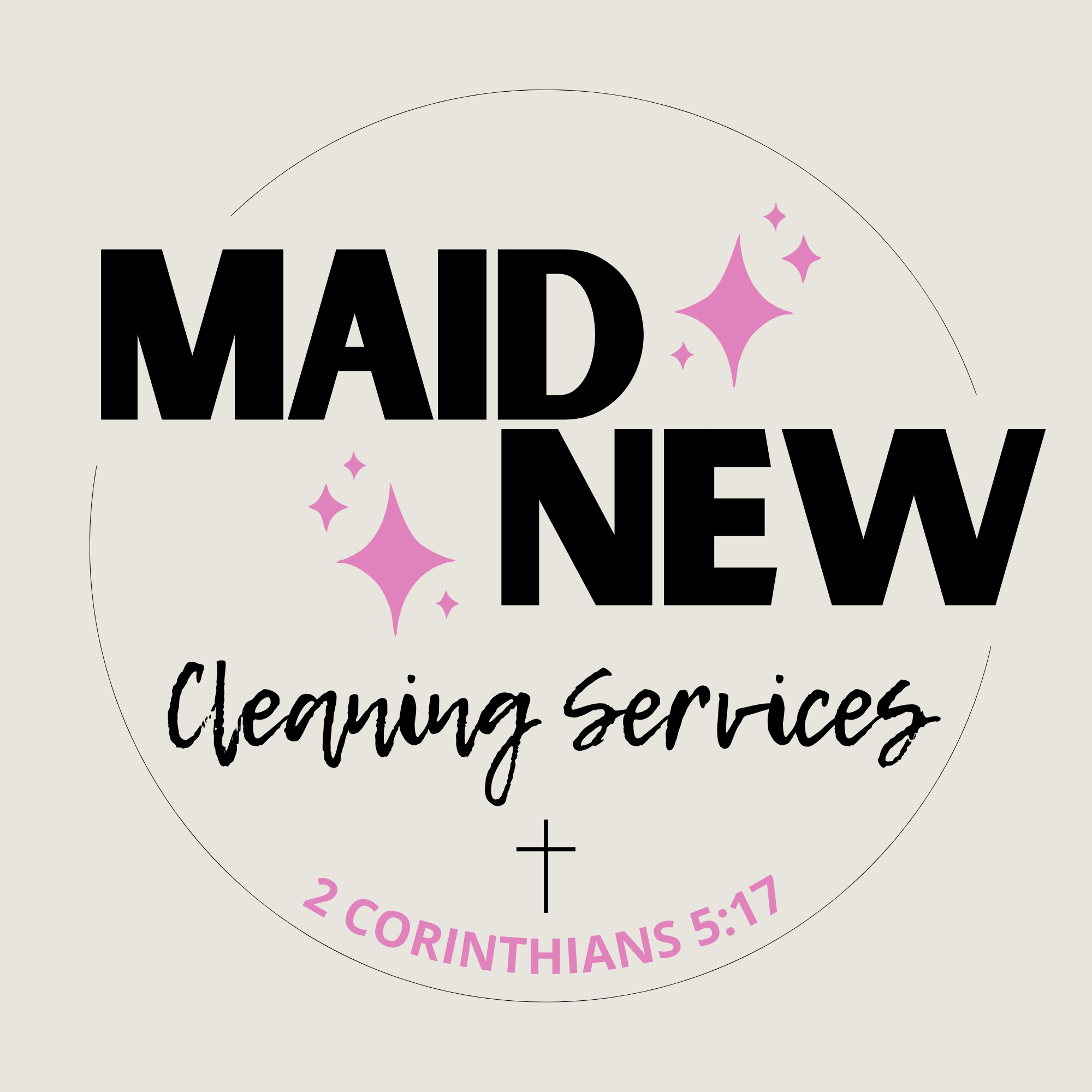 Logo for Maid New Cleaning Services with pink star accents and a Bible verse, 2 Corinthians 5:17.