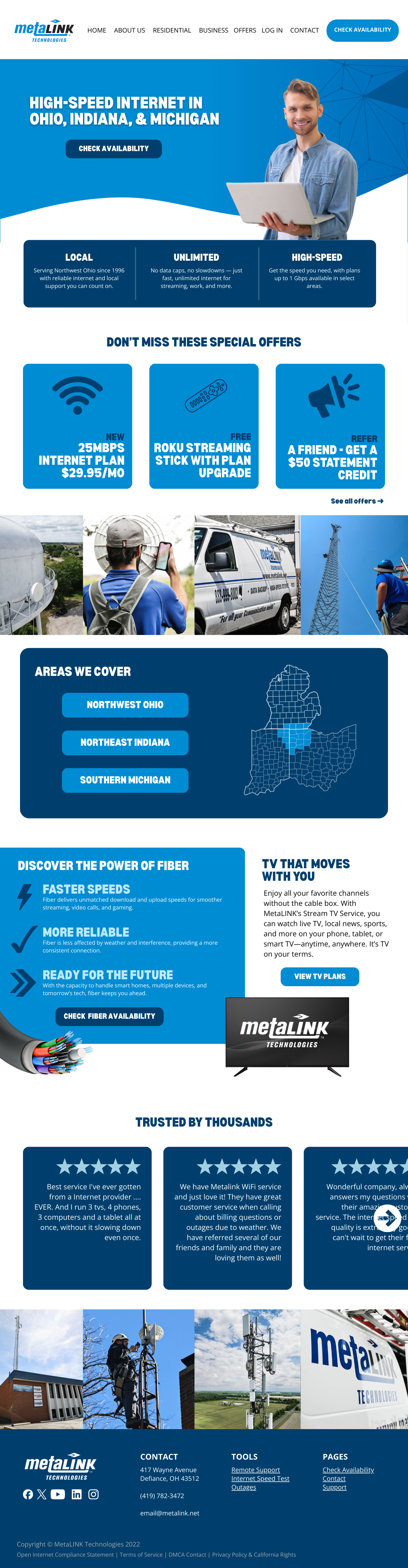 Website design created by Seven4 Marketing for MetaLINK Technologies, showcasing high-speed internet services in Ohio, Indiana, and Michigan with local offers and coverage maps.