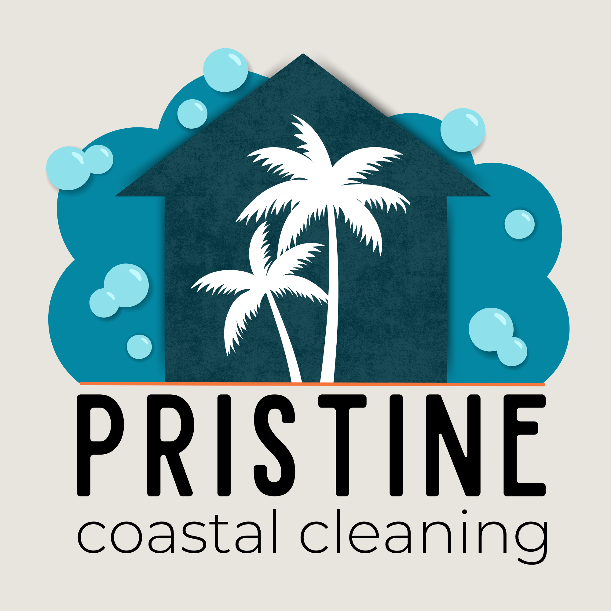 Logo for Pristine Coastal Cleaning with a house silhouette, two palm trees, and bubbles