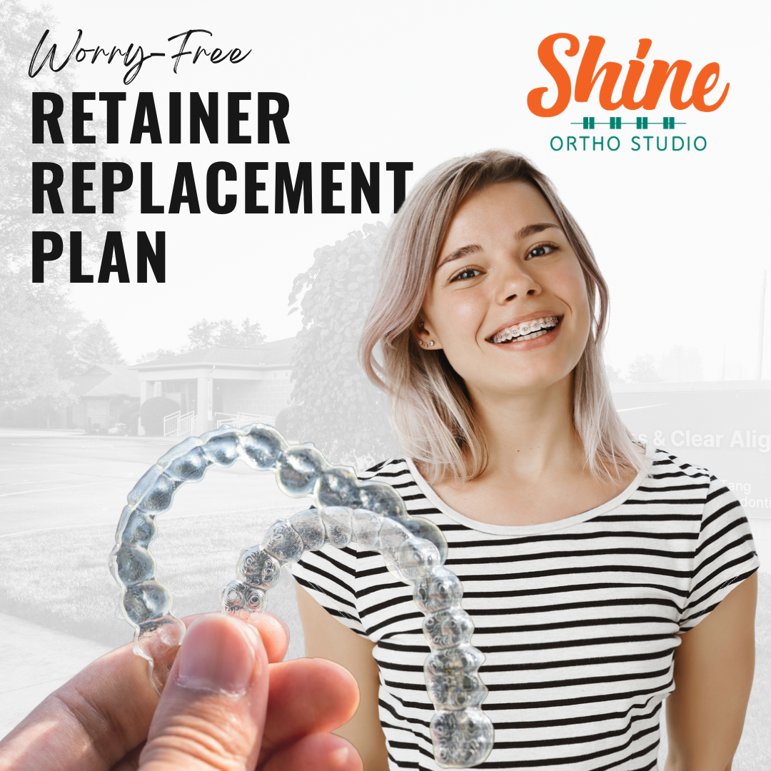 A smiling young woman with braces wearing a black and white striped shirt holding a clear retainer. Text on the image reads "Worry-Free Retainer Replacement Plan" and the logo of Shine Ortho Studio is also visible.
