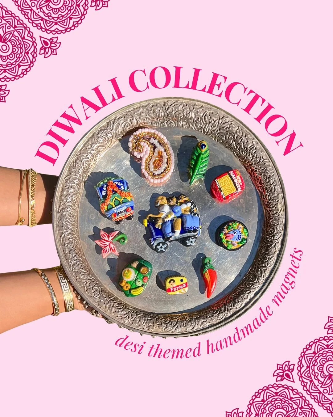 Happy (almost) Diwali 🥰💖🪔

Desi themed magnets ranging from $5-20 + shipping are now available to order on my website, etsy, and through DMs (www.aditimakesart.com &amp; aditimakesart.etsy.com)

$5 + shipping:
&bull; Parle G
&bull; Lotus
&bull; Pe