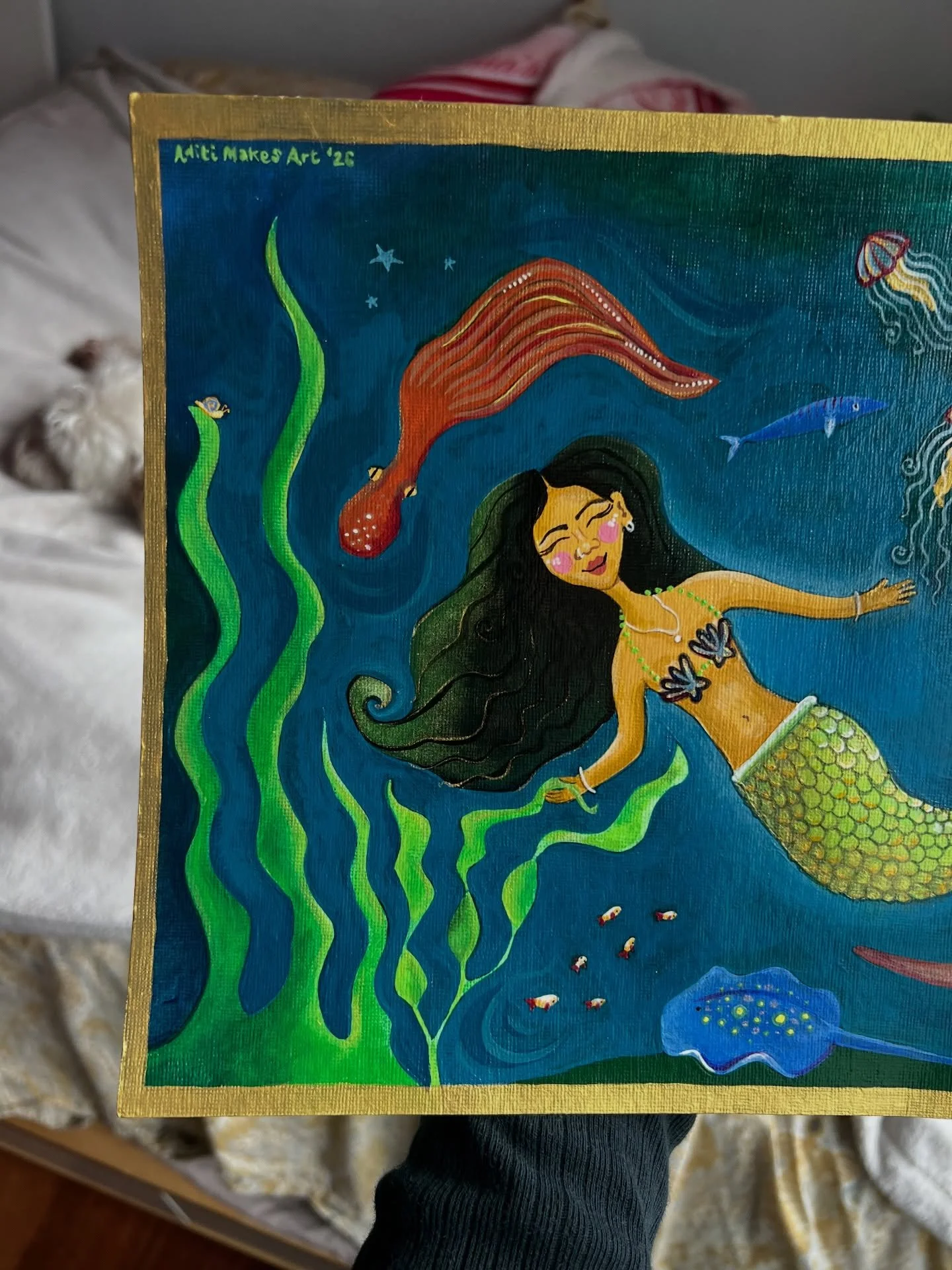 "Sarah in Monterey" 🧜🏼&zwj;♀️🦦🐠🪼✨
acrylic on 9x12" acrylic paper

my first painting of 2026 and it's a commission request for my dentist's daughter! 6 months ago that would have been the most random statement to say, but i am so g