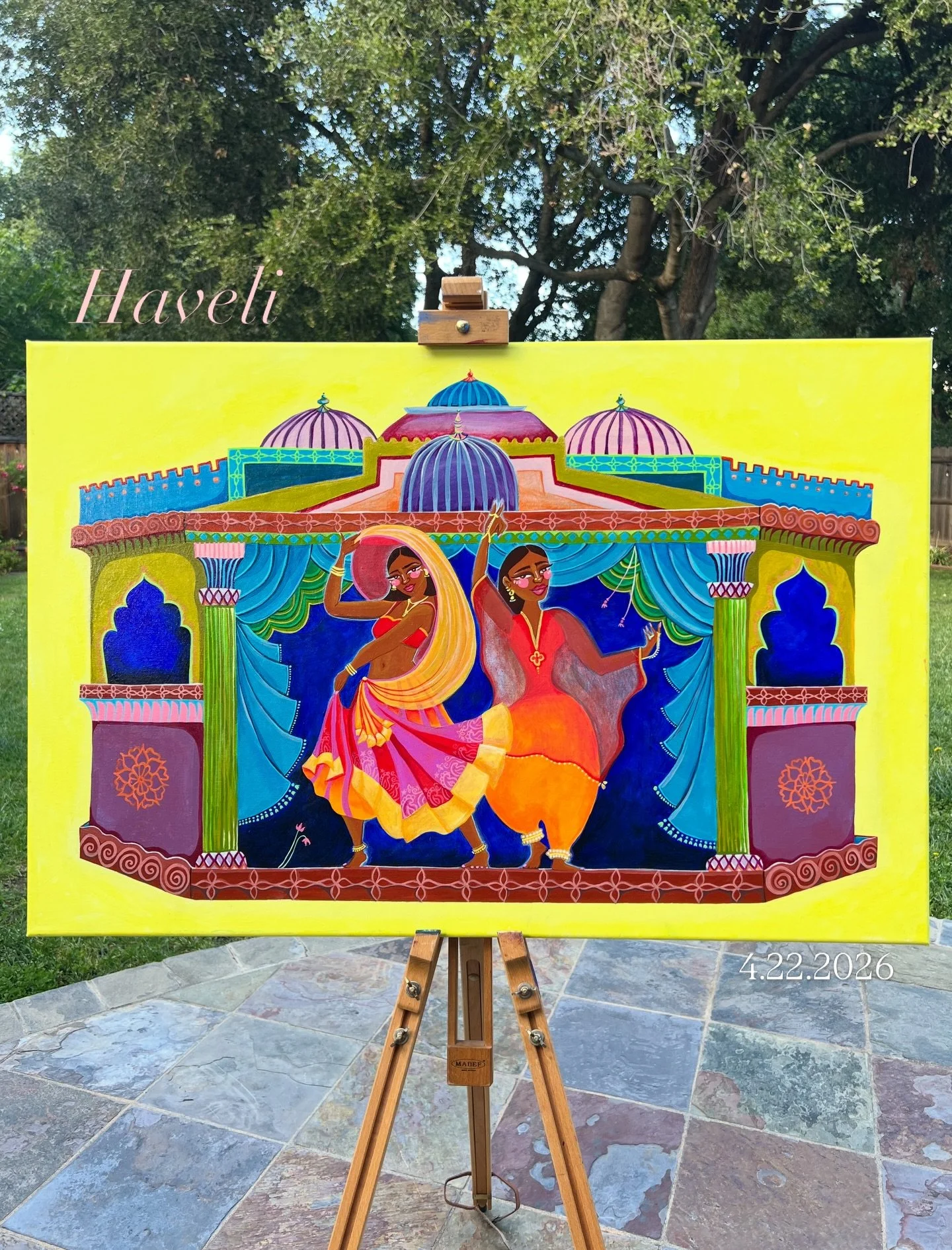 "Haveli" &bull; acrylic paint on 36"x24" canvas 💃🏽

sometimes with art block you just have to dive headfirst into something. literally anything. and there's nothing more immersive than a giant canvas that requires craning and ho