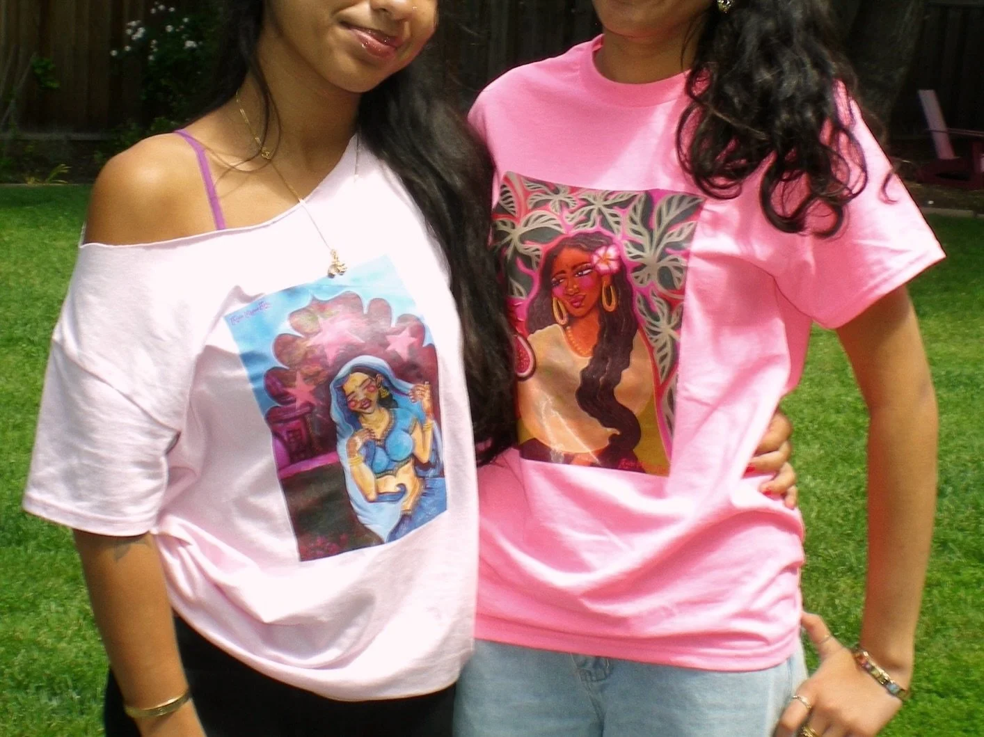 3 paintings &rarr; 6 shirts &bull; available now on my etsy #linkinbio ⋆˚࿔

- heavy cotton t-shirts with an ironed transfer of my acrylic paintings "Haveli", "Fig Princess", and "Tara"
- 3 sizes: 2 small, 2 medium, and 2