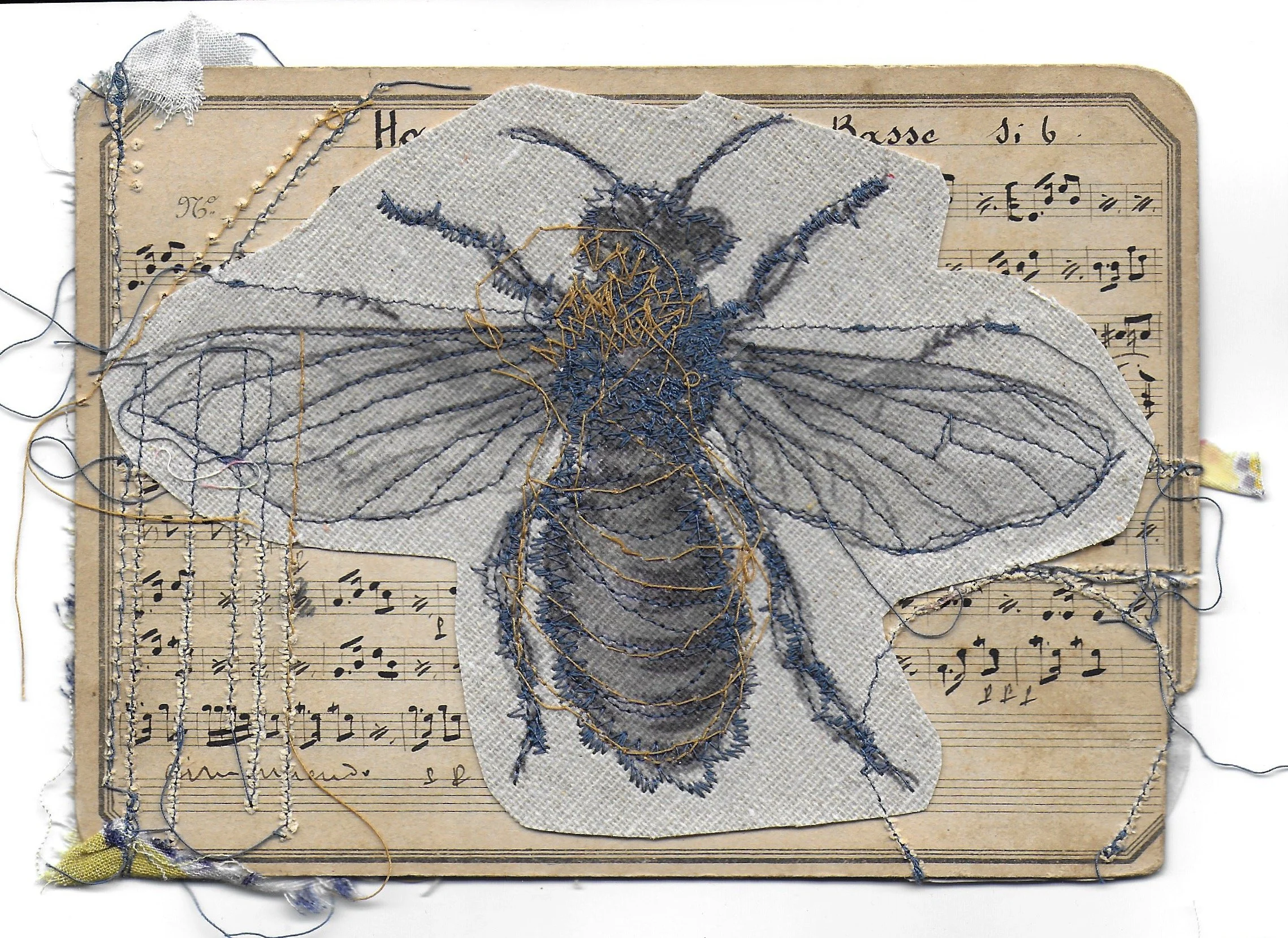 Fluter (back), Music Card,, Fabric, Dried Flowers, Screen Print, Stitching, 5 x 7 in, 2024