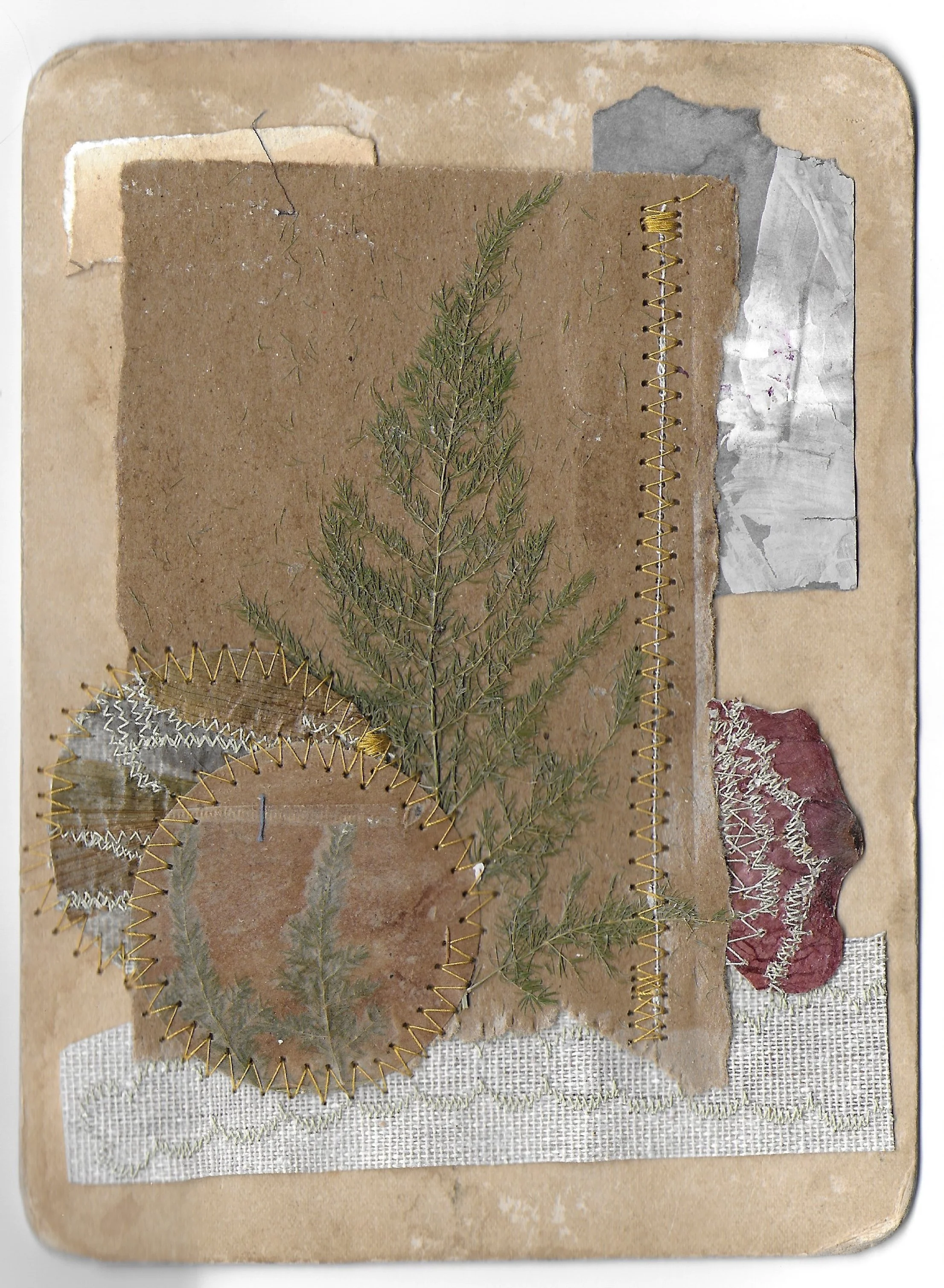 Frawn (front), Music Card, Grocery Bag, Dried Herb and Leaf, Doily, Stitching, 5 x 7 in, 2024