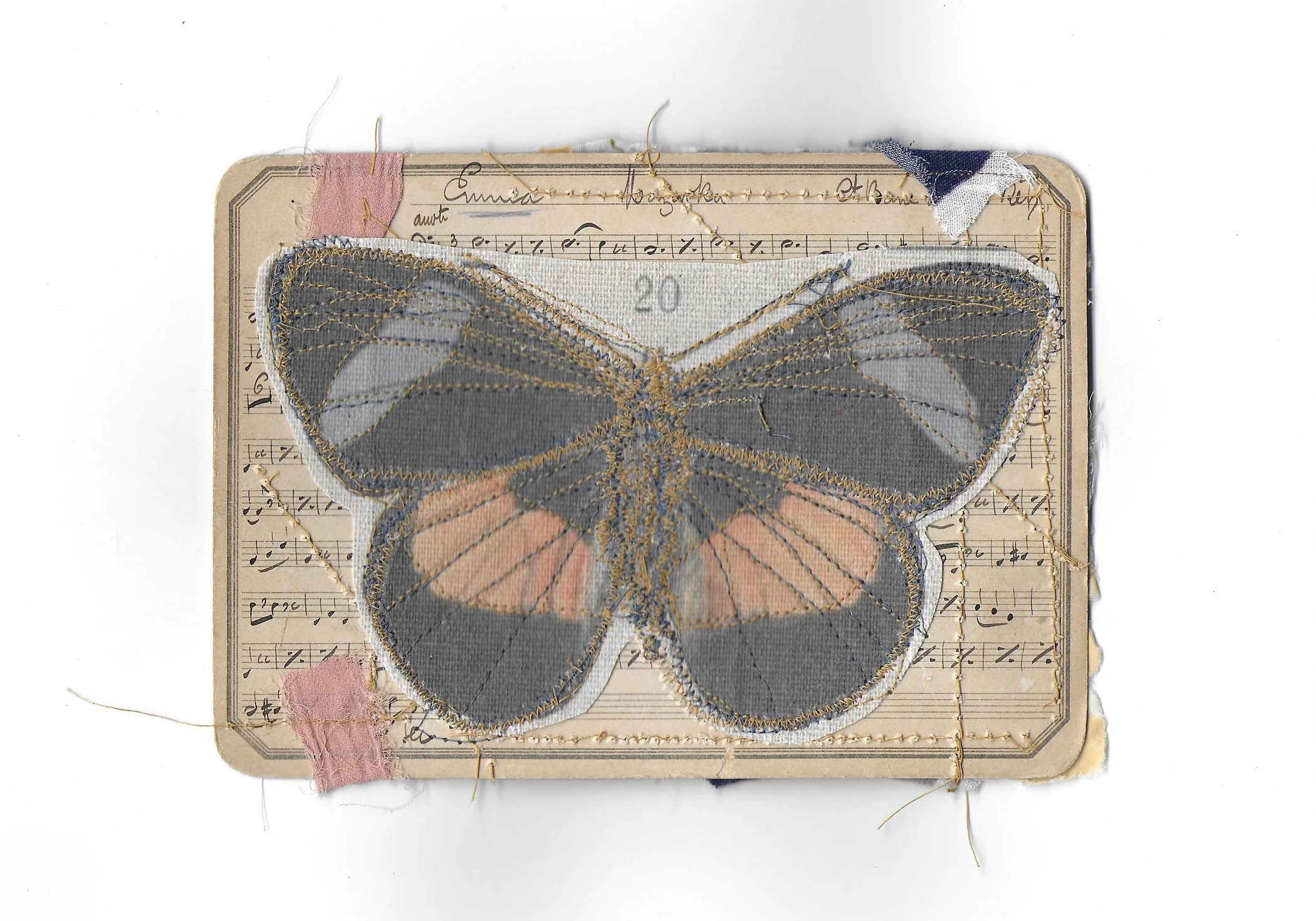 Emerging (back), Music Card, Tea Bag, Fabric, Screen Print, Stitching, 5 x 7 in, 2024