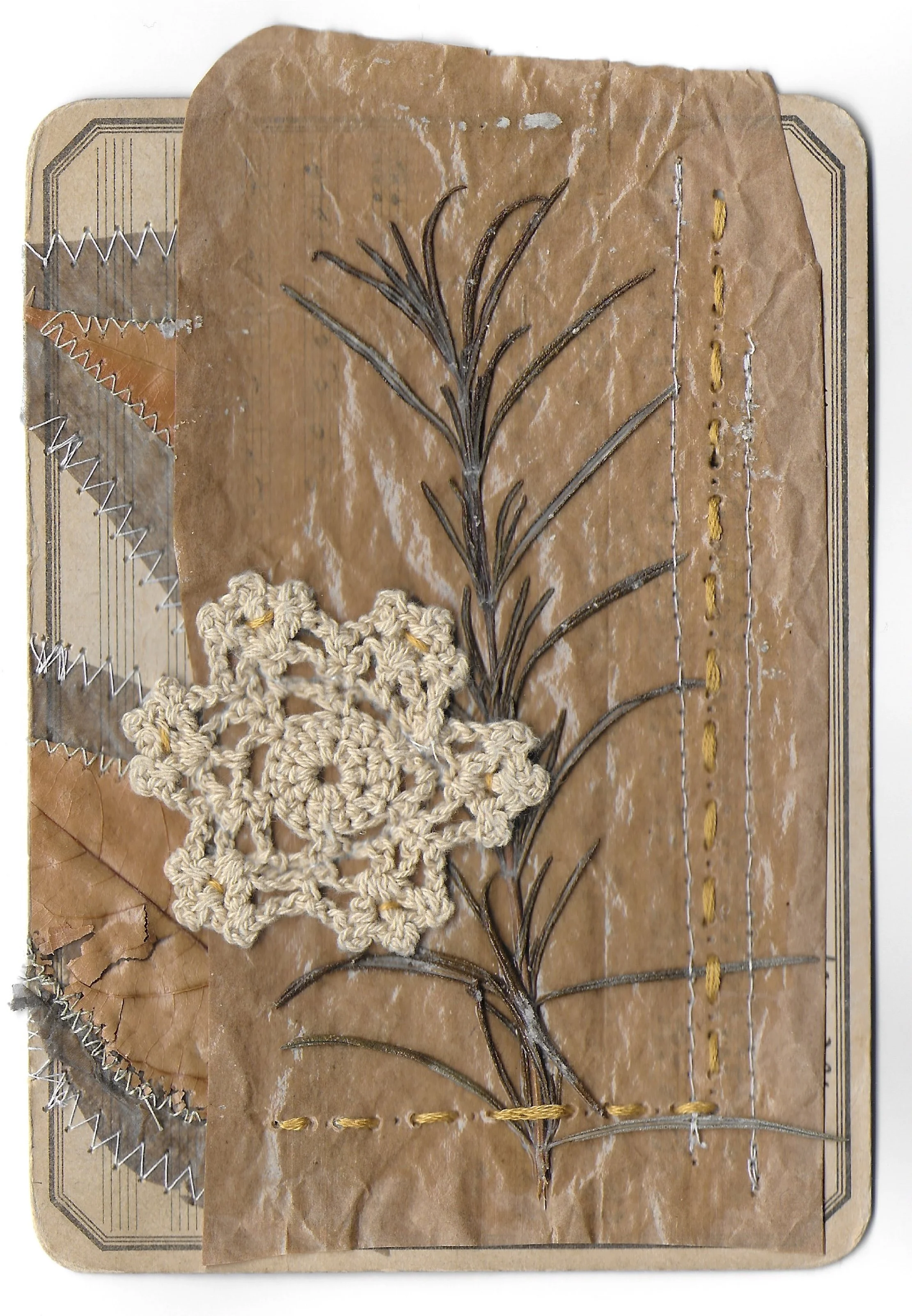Rosemary (front), Music Card, Grocery Bag, Dried Herb and Leaf, Doily, Stitching, 5 x 7 in, 2024