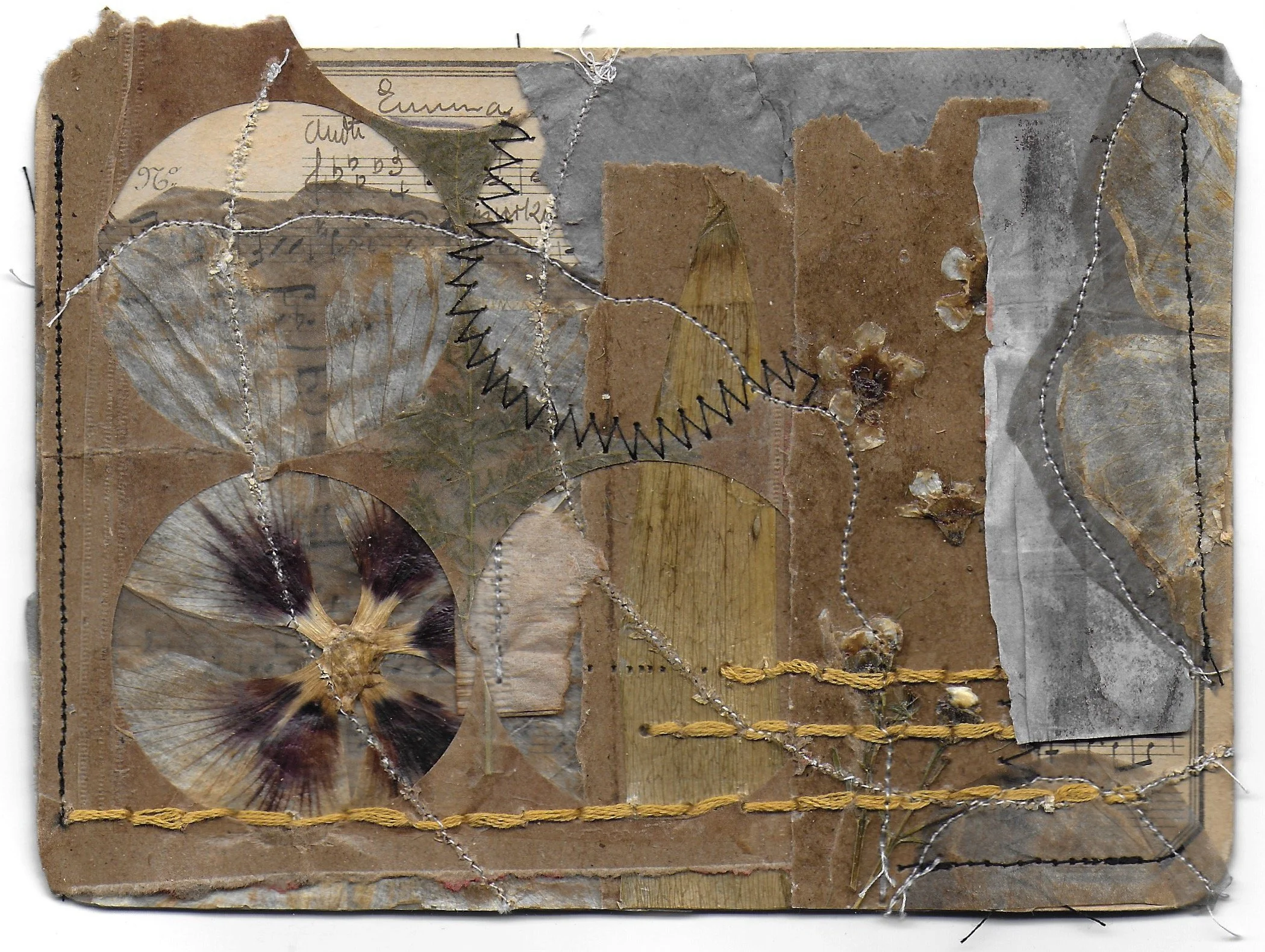 Garden View (front), Music Card, Eco Printing, Grocery Bag, Dried Flowers, Stitching, 5 x 7 in, 2024