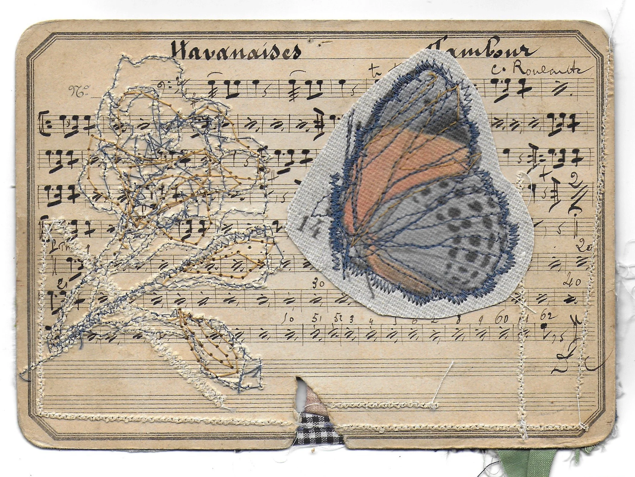 Rest (back), Music Card,, Fabric, Tea Bag, Dried Flowers, Screen Print, Stitching, 5 x 7 in, 2024