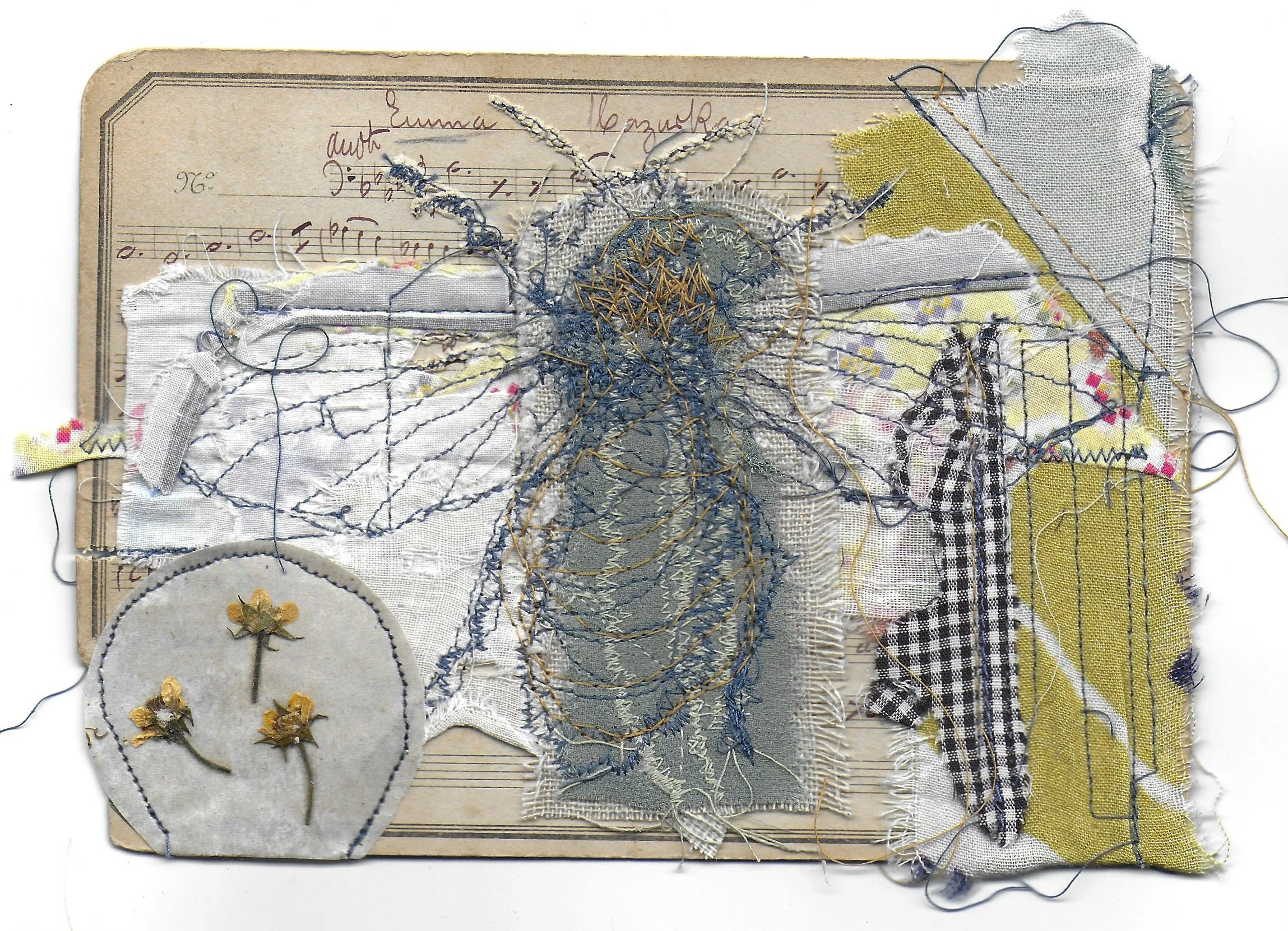 Fluter (front), Music Card,, Fabric, Dried Flowers, Screen Print, Stitching, 5 x 7 in, 2024
