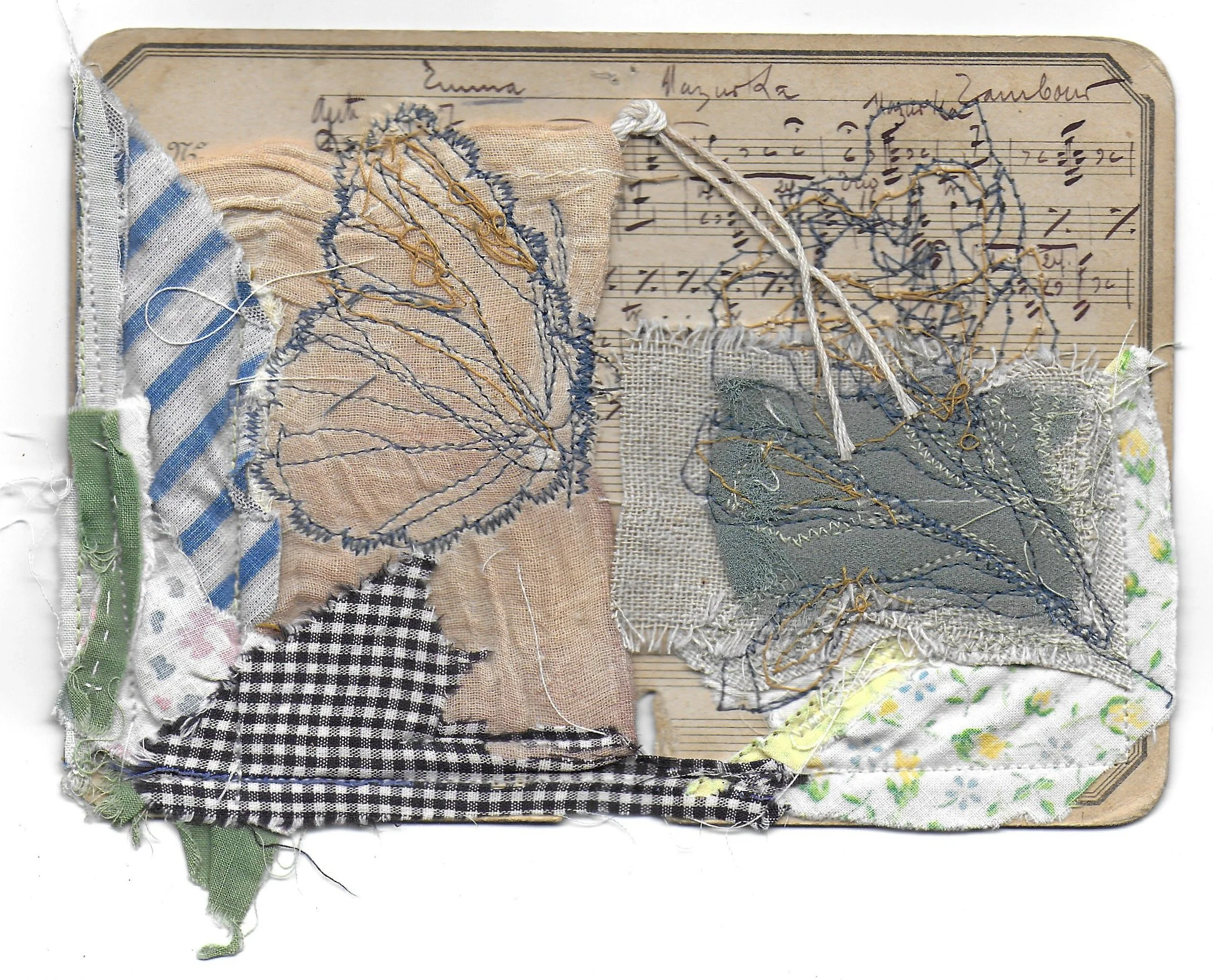 Rest (front), Music Card,, Fabric, Tea Bag, Dried Flowers, Screen Print, Stitching, 5 x 7 in, 2024