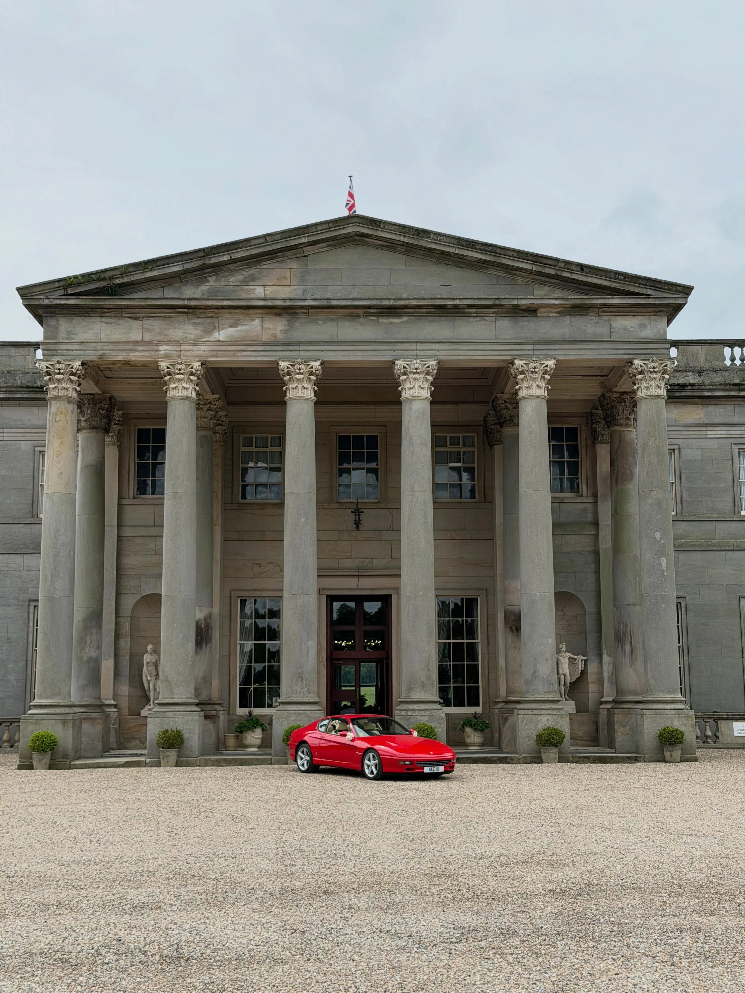 After delivering the grooms party to @wynyardhall we&rsquo;re now patiently waiting for the photos after the service. #weddingferrari #WeddingCars #LuxuryRides #ChauffeurService #NorthEastEngland Newcastle Leeds Supercars WeddingDay