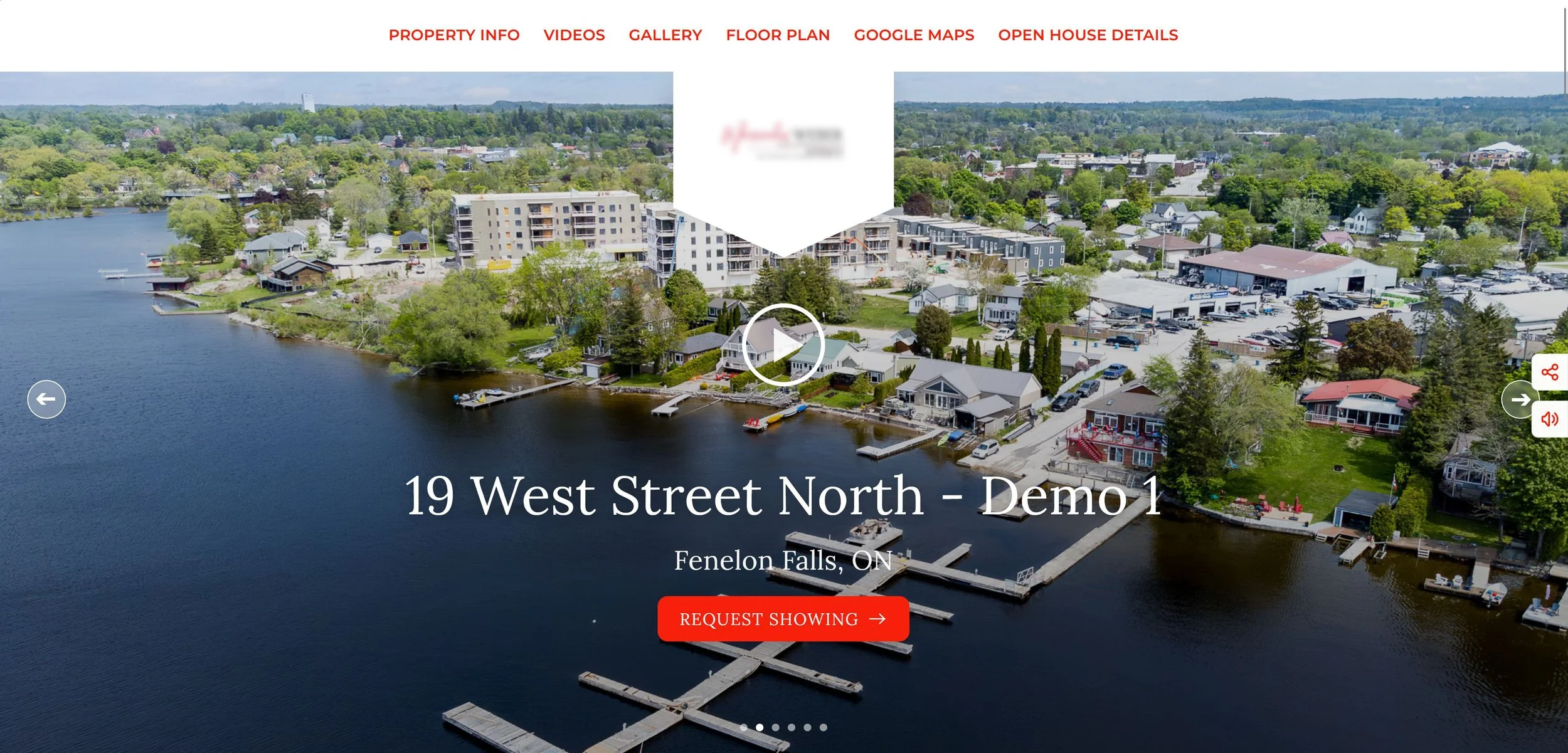 Aerial view of a waterfront property listing on a real estate website, showing a marina, houses, and trees in Fenelon Falls, Ontario.