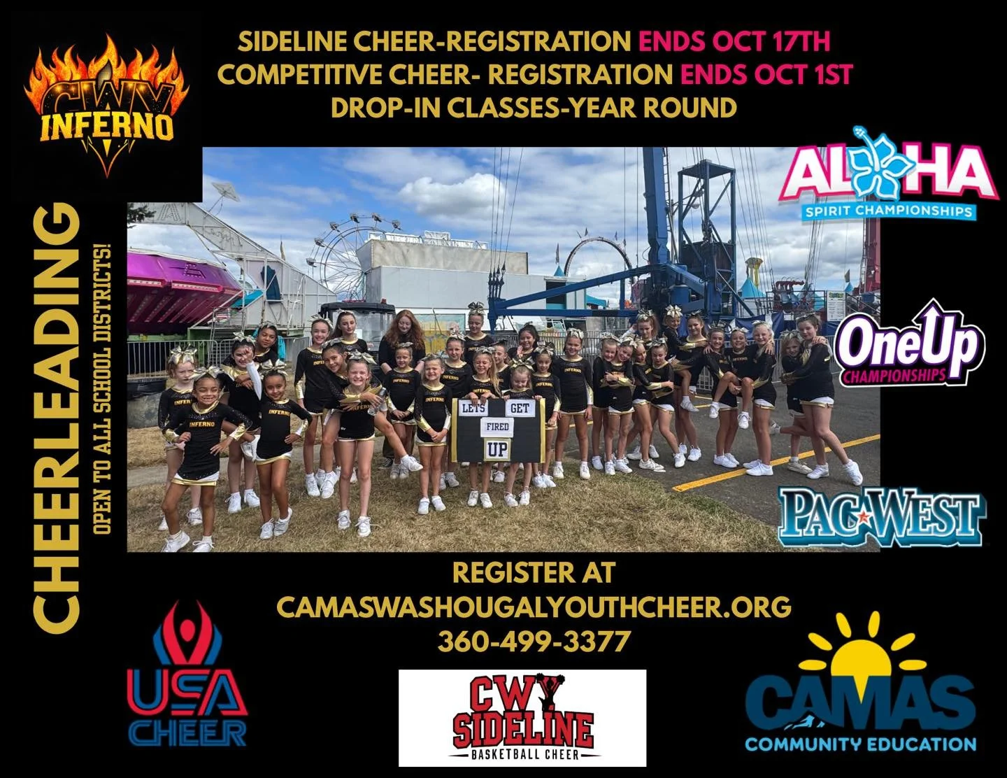 🚨 Registrations closing soon‼️ 
ONLY 4 DAYS LEFT!! 
🔥 Join us in a fun packed season, starting Oct 25th. We offer sideline cheer for Camas Youth Basketball League (CYBL), and Competitive cheer teams competing at the Varsity Allstar Events, Aloha, O