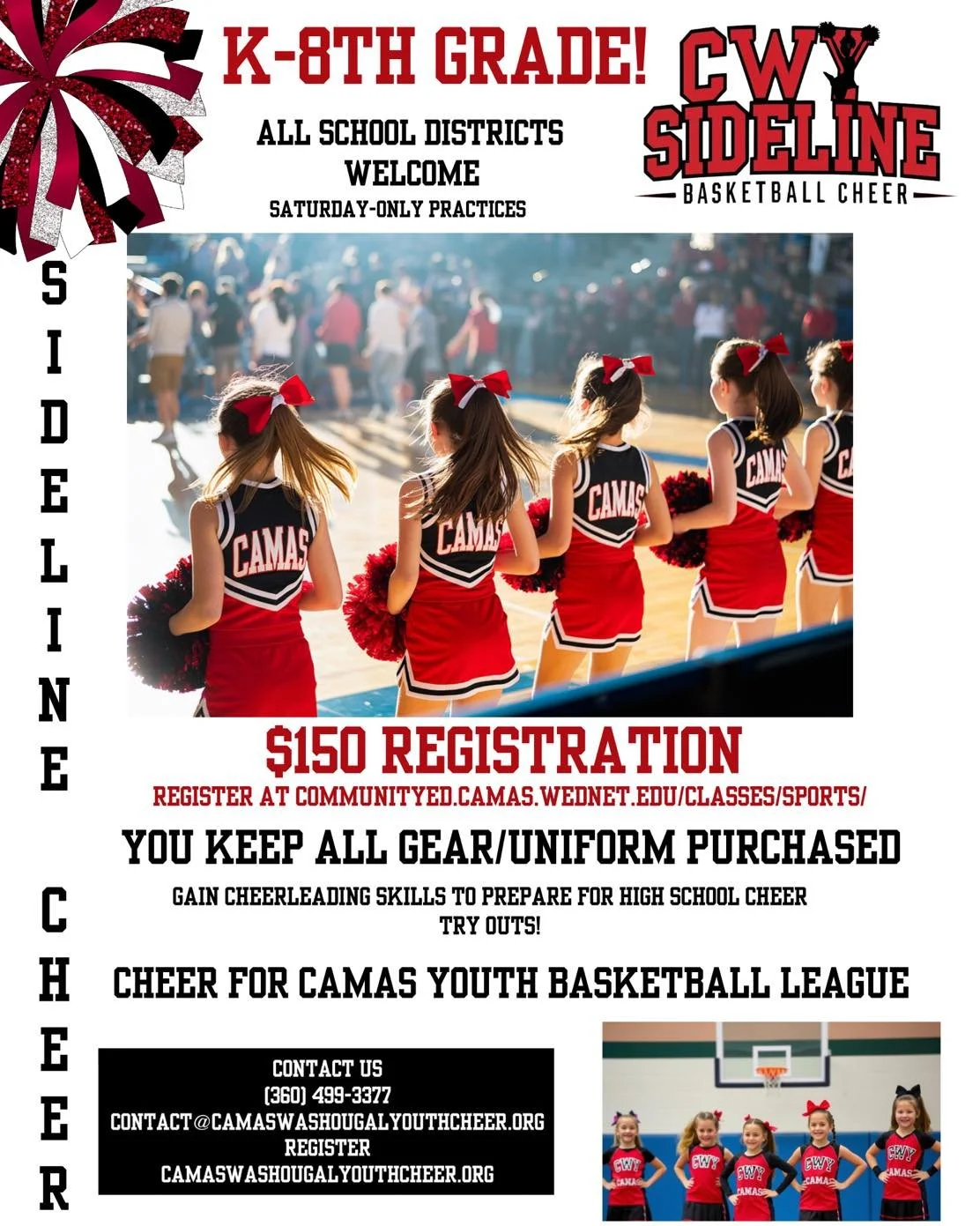 🎉 Calling all parents of K-8th graders! 🎉
Is your child full of energy and spirit? Give them the chance to shine with CWY Sideline Basketball Cheer!
✅ Saturday-only practices&mdash;perfect for busy families
✅ $150 registration Fee
✅ Build cheerlead