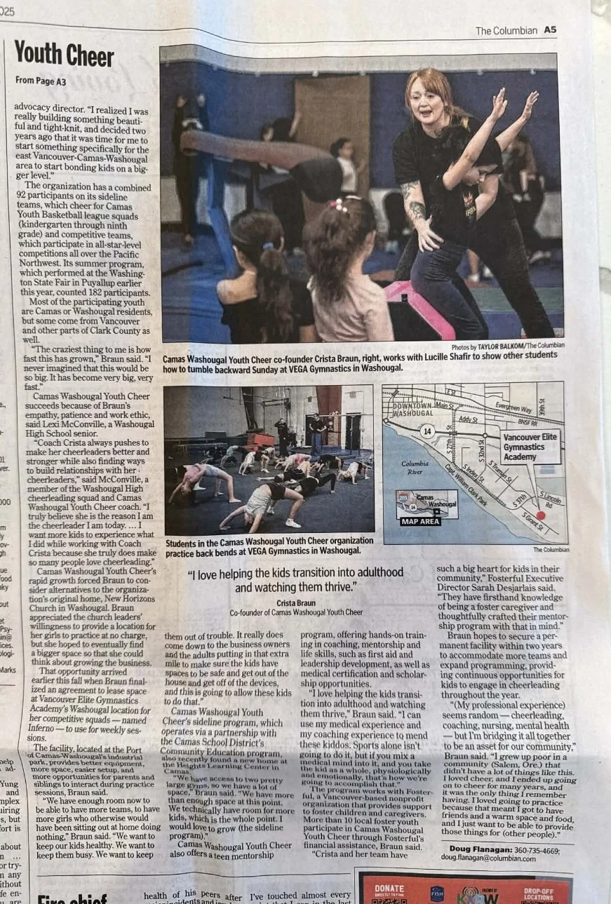 Photo of Camas Washougal Youth Cheer co-founder Crista Braun demonstrating cheerleading moves with young children, with Lucille Shafir observing at VEGA Gymnastics in Washougal.