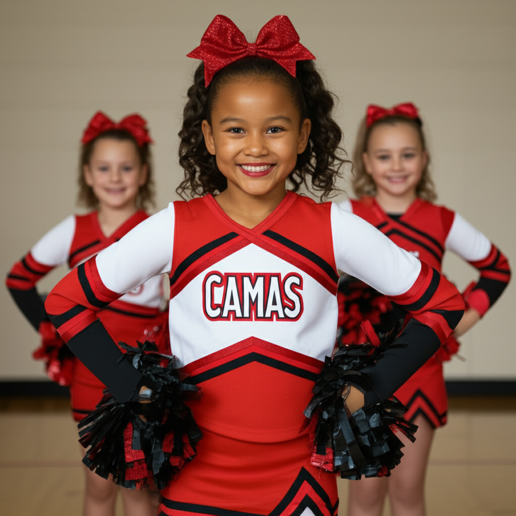 Three young girls dressed as cheerleaders in red, black, and white uniforms with pom-poms and matching red bows in their hair, smiling confidently.