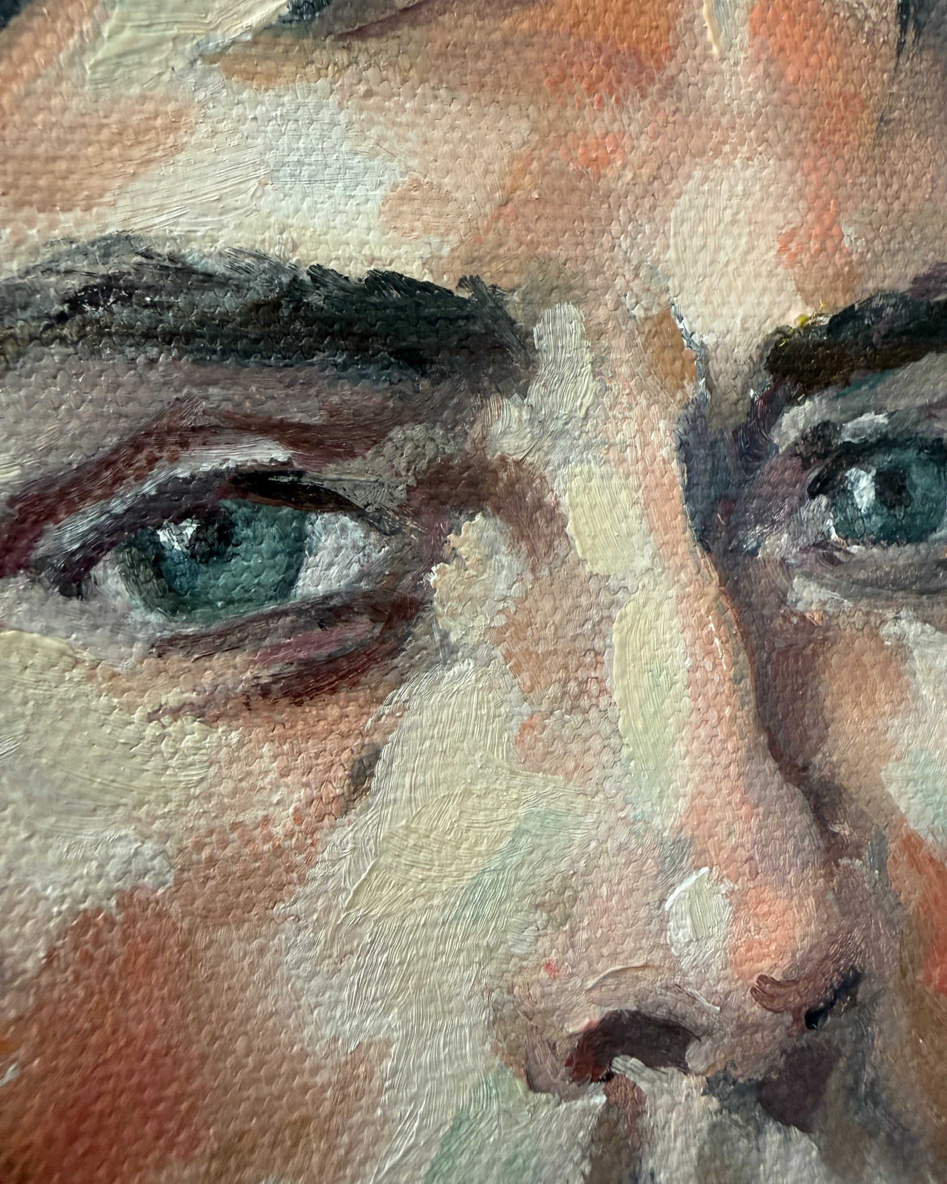 Layered skin tones woven together with short, decisive strokes—building form, depth, and character around the brow and eyes.