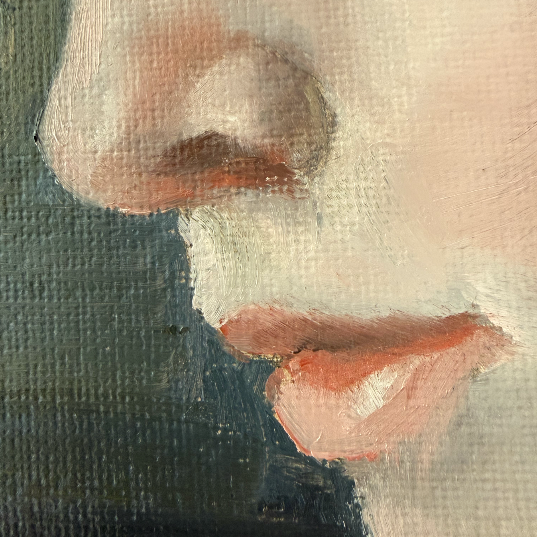 Sculpting form through paint temperature—warm terracottas and soft blush tones defining the turn of the lip against cool, slate background shadows.
