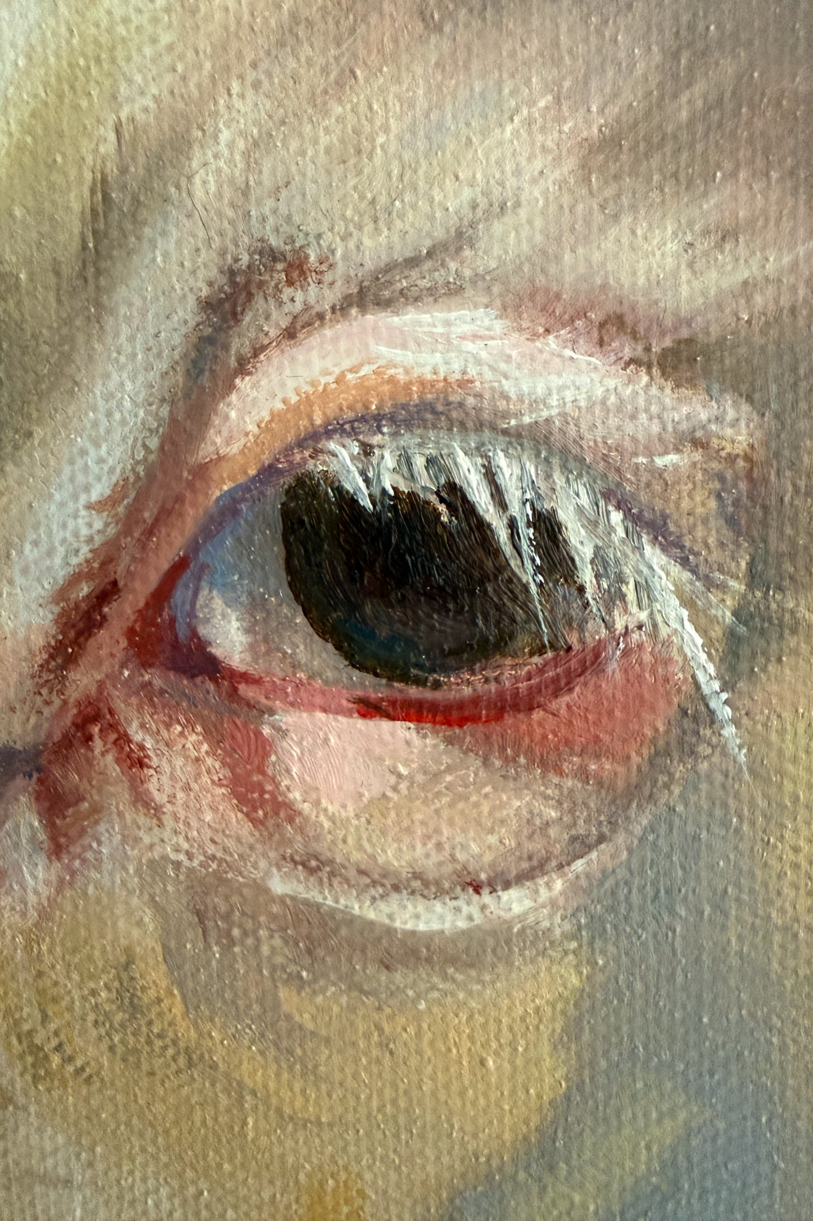 A single sharp catchlight brings the iris to life, contrasting expressive, layered wet-on-wet brushwork with fine structural definition