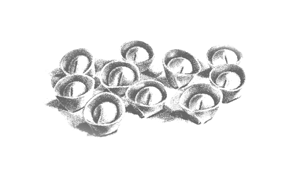 A collection of small, round objects resembling googly eyes scattered on a surface.