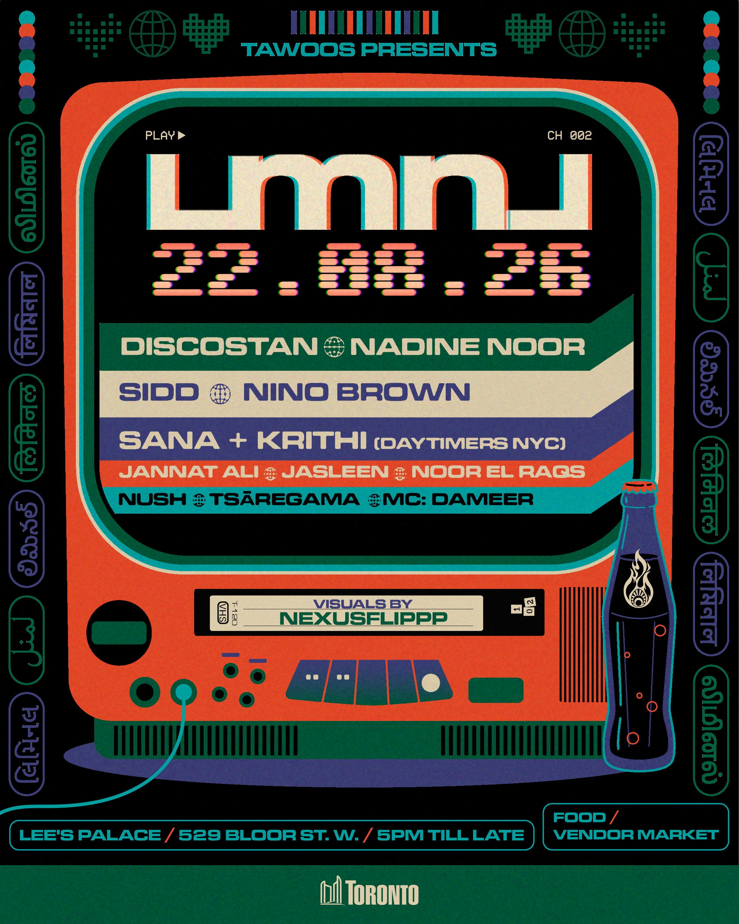 Digital graphic design of a stylized music festival or event poster with neon colors and futuristic elements. It features a digital clock displaying 22:06:36, names of performers, and location details of Toronto.